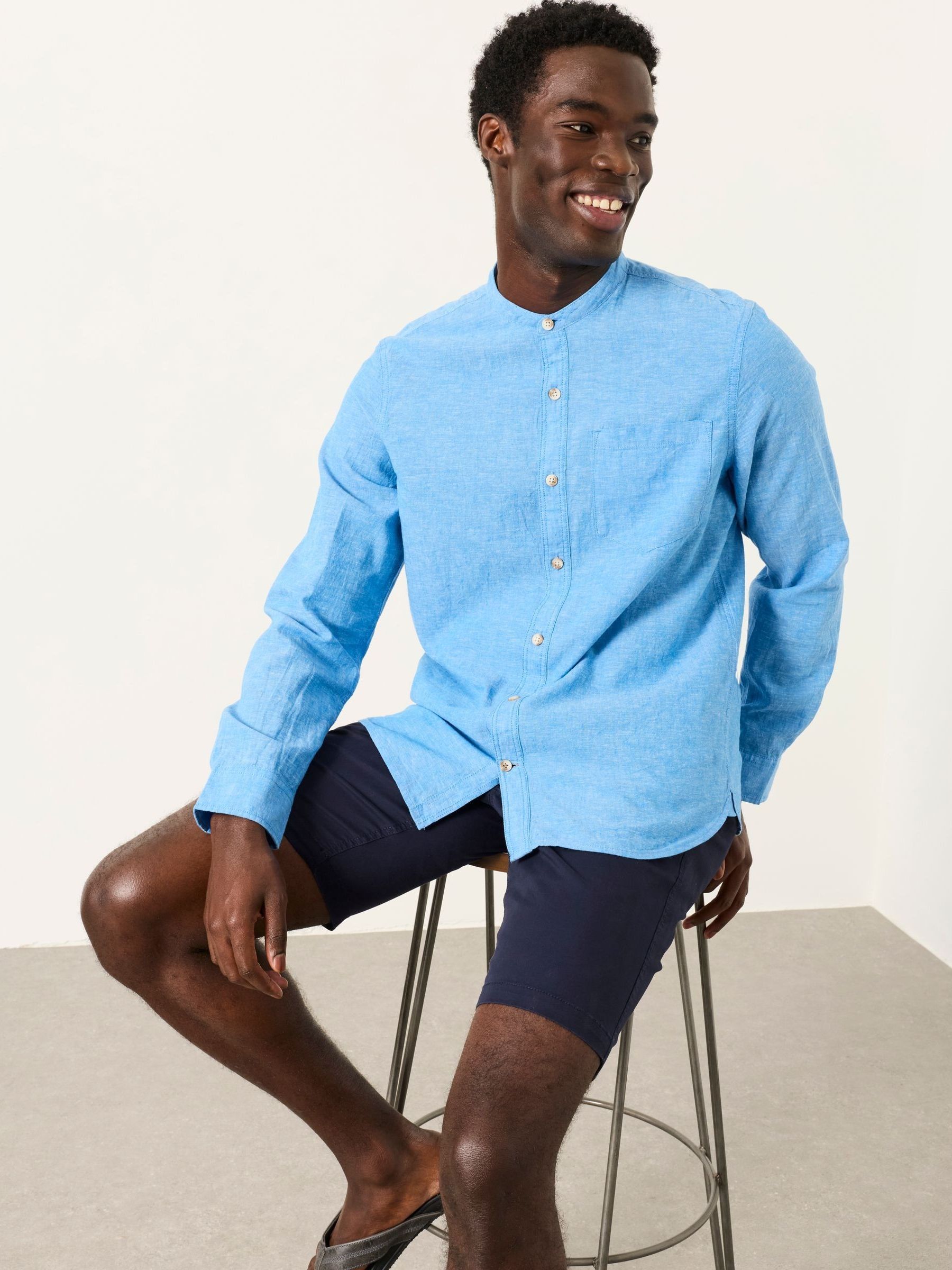 Bugle Bright Blue Long Sleeve Grandad Linen Cotton Shirt - Image 4 of 5