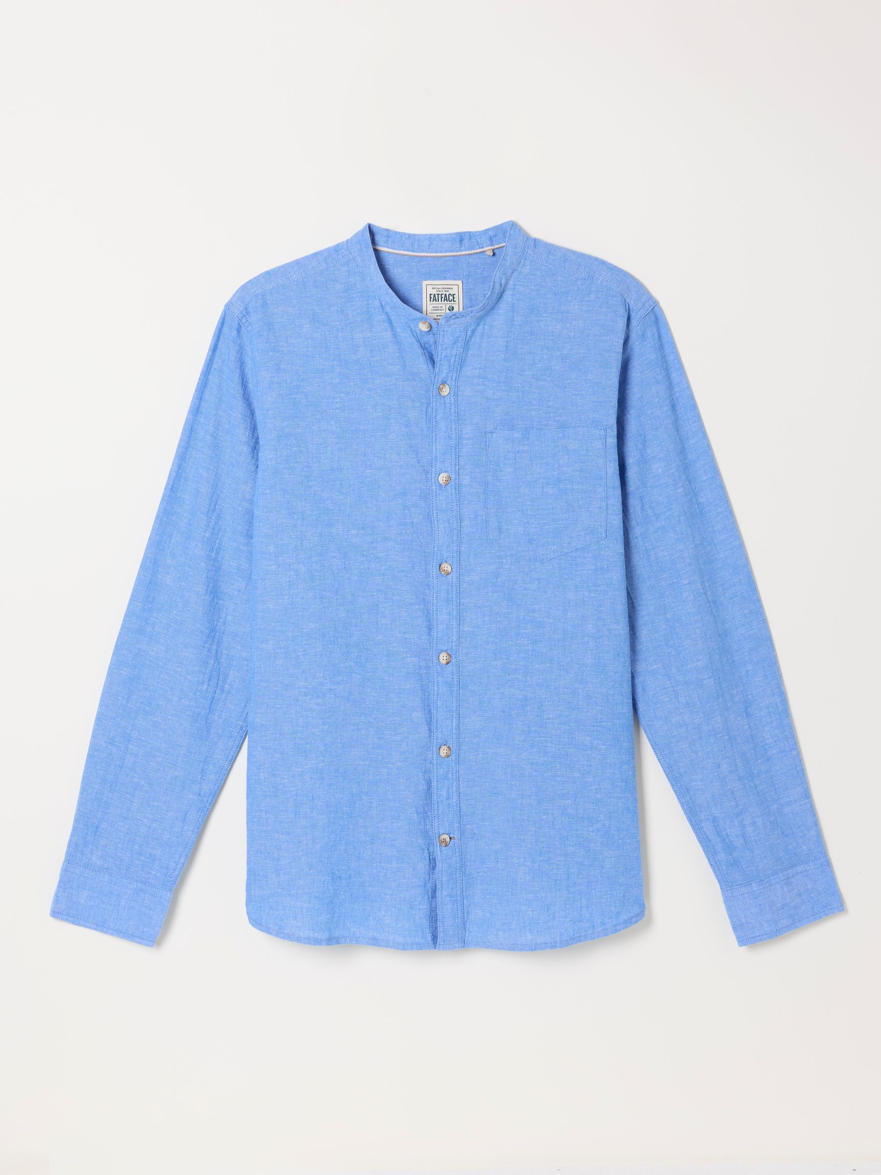 Bugle Bright Blue Long Sleeve Grandad Linen Cotton Shirt - Image 5 of 5