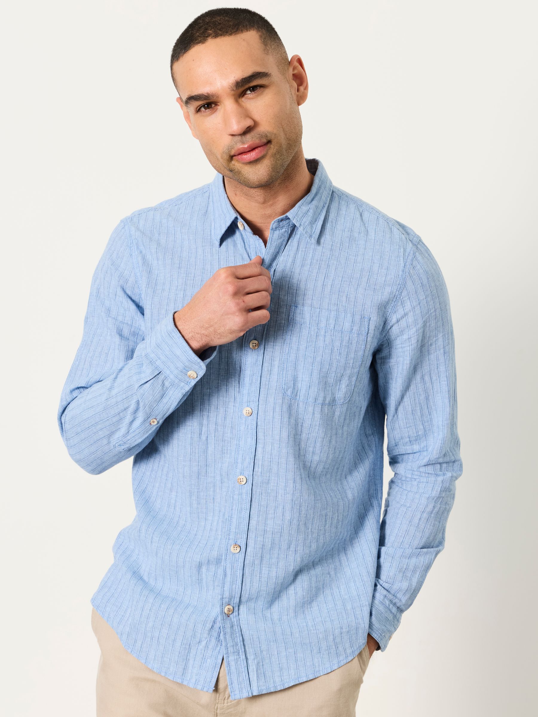 Bright Blue Stripe Long Sleeve Linen Cotton Bugle Shirt - Image 1 of 5