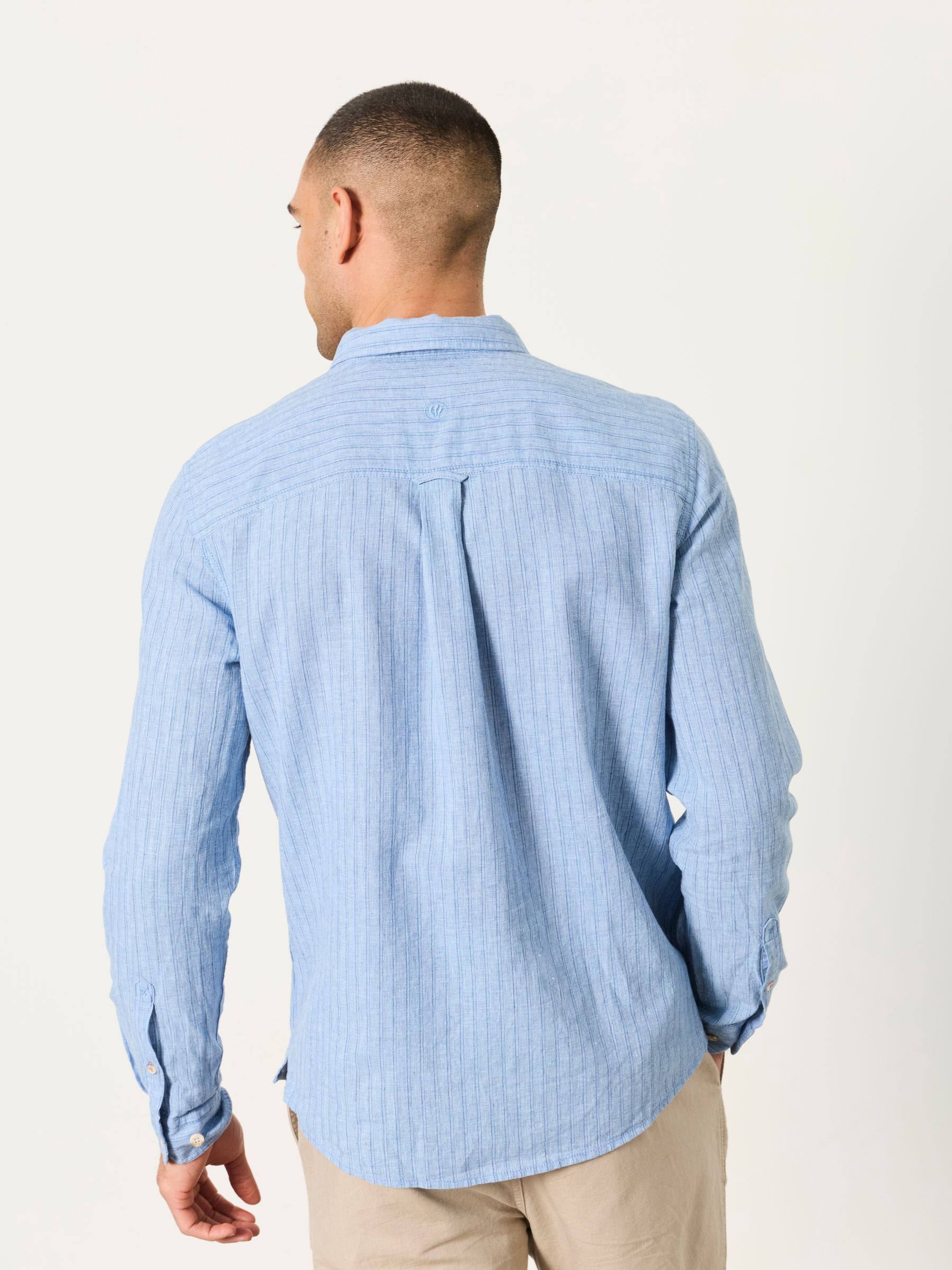 Bright Blue Stripe Long Sleeve Linen Cotton Bugle Shirt - Image 2 of 5