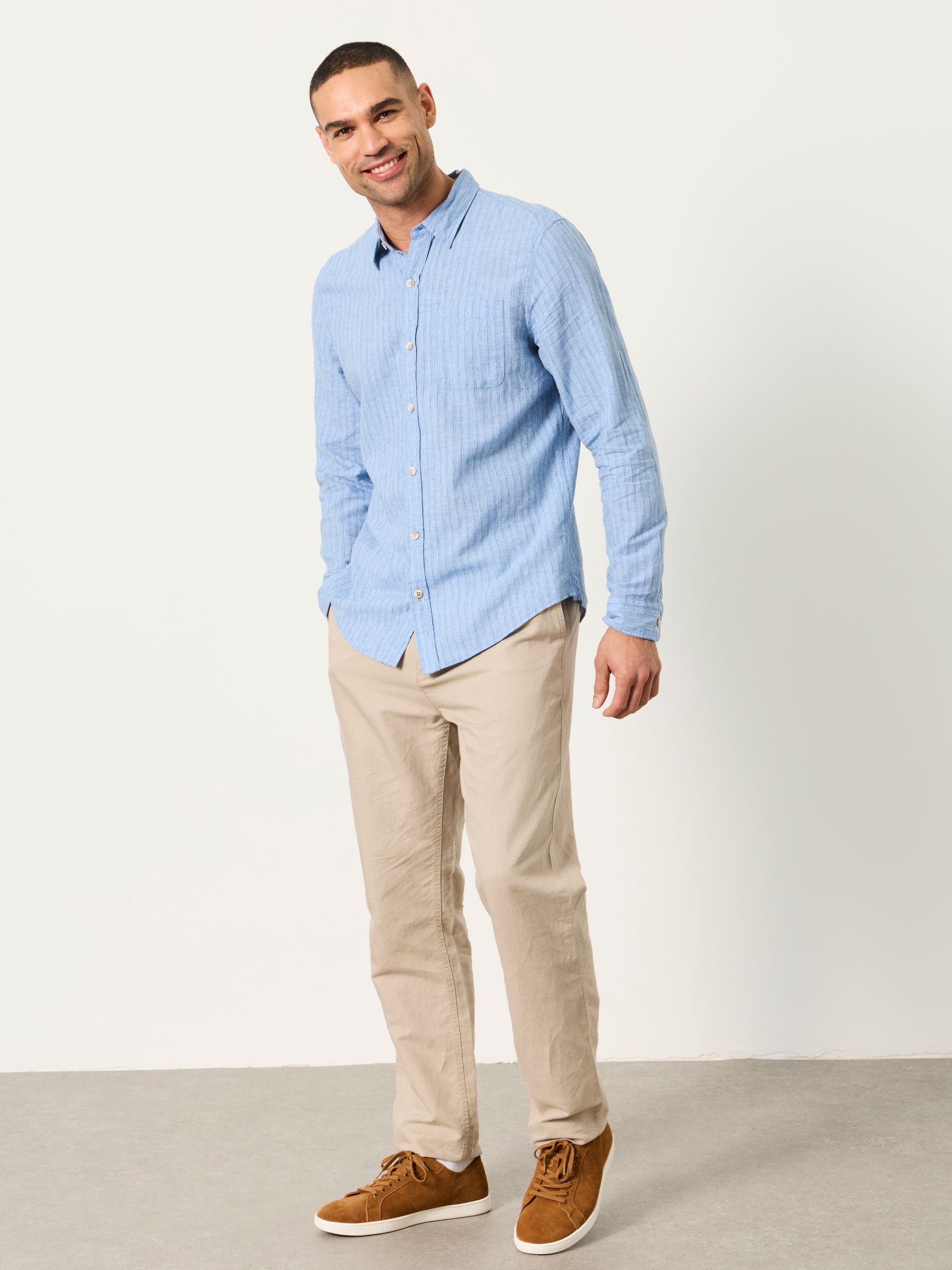 Bright Blue Stripe Long Sleeve Linen Cotton Bugle Shirt - Image 3 of 5
