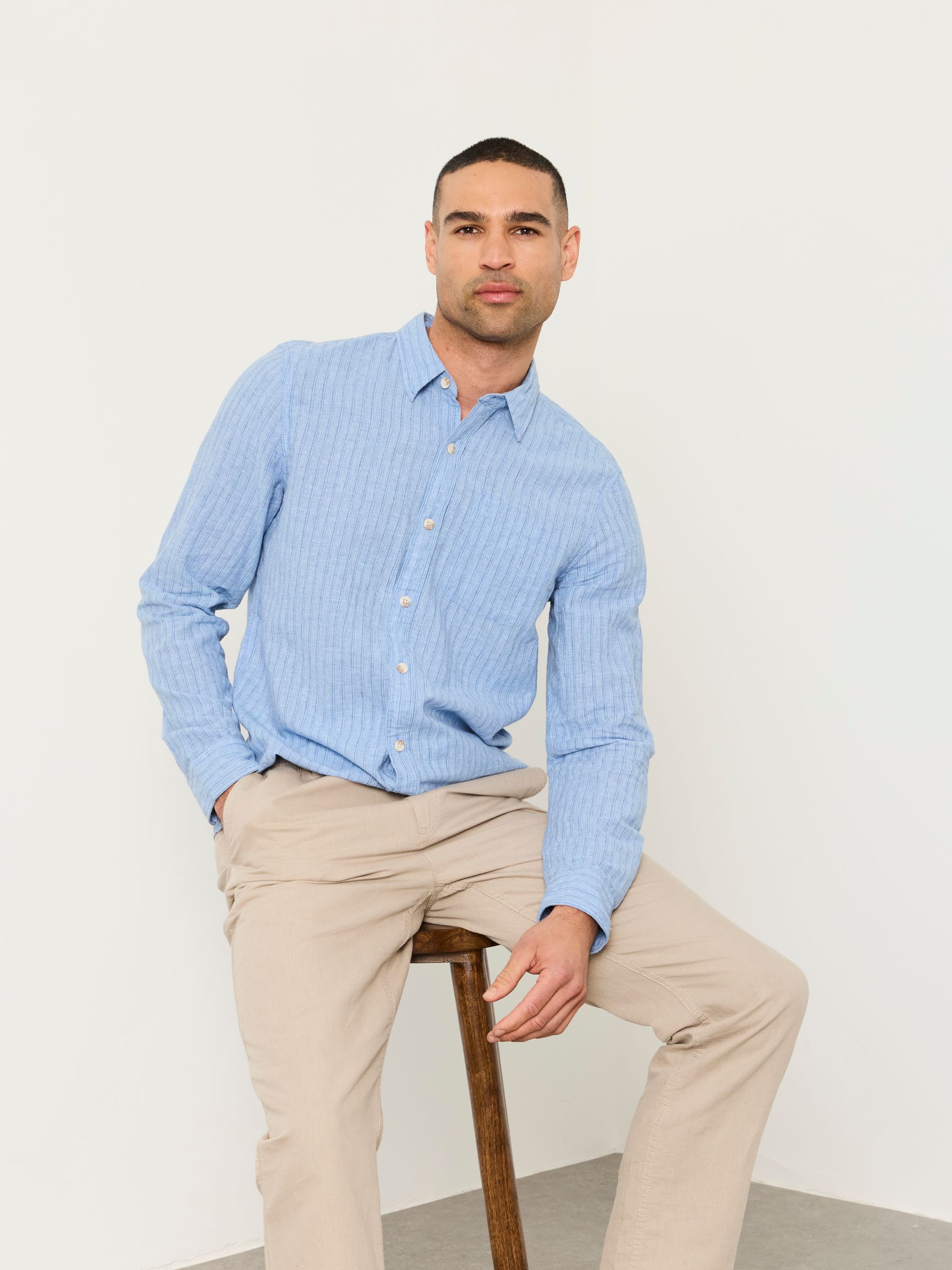 Bright Blue Stripe Long Sleeve Linen Cotton Bugle Shirt - Image 4 of 5