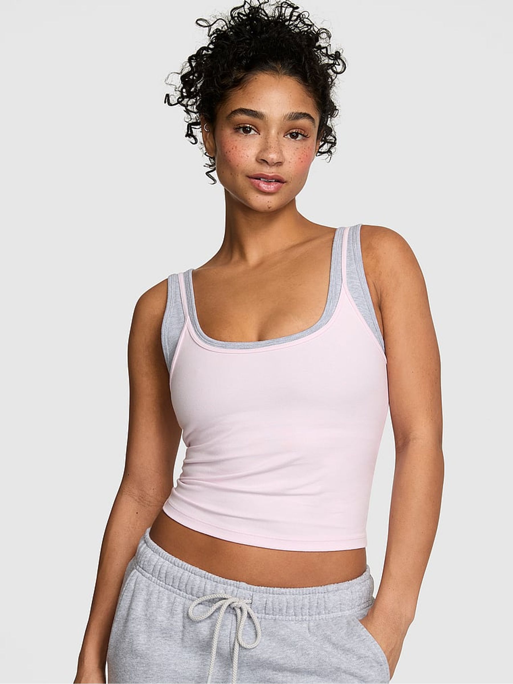 Pink Tulip and Grey Cotton Double Layer Tank Top - Image 1 of 3