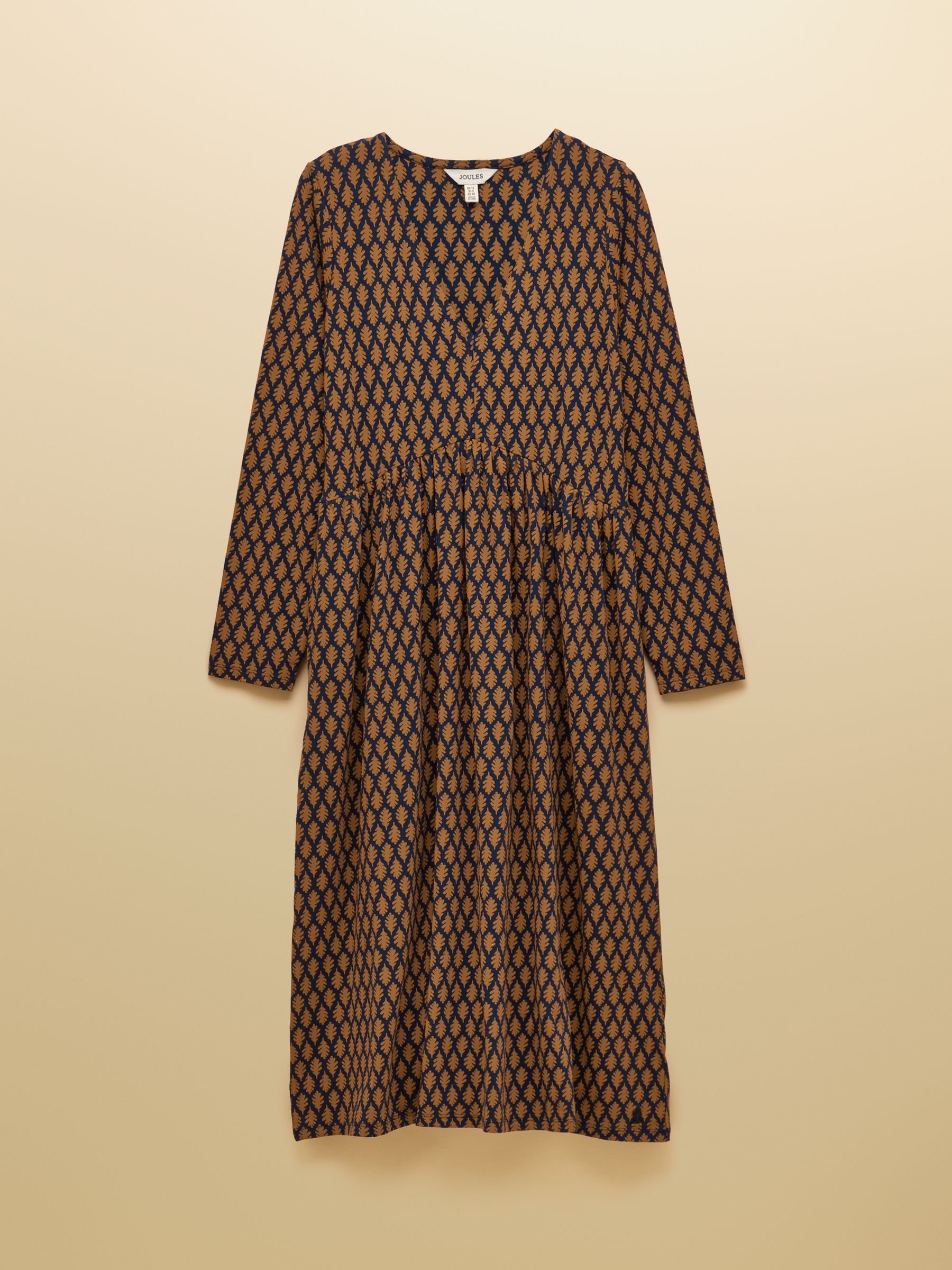 Navy Leaf Print V Neck Long Sleeve Jersey Midi Dress - Image 1 of 4