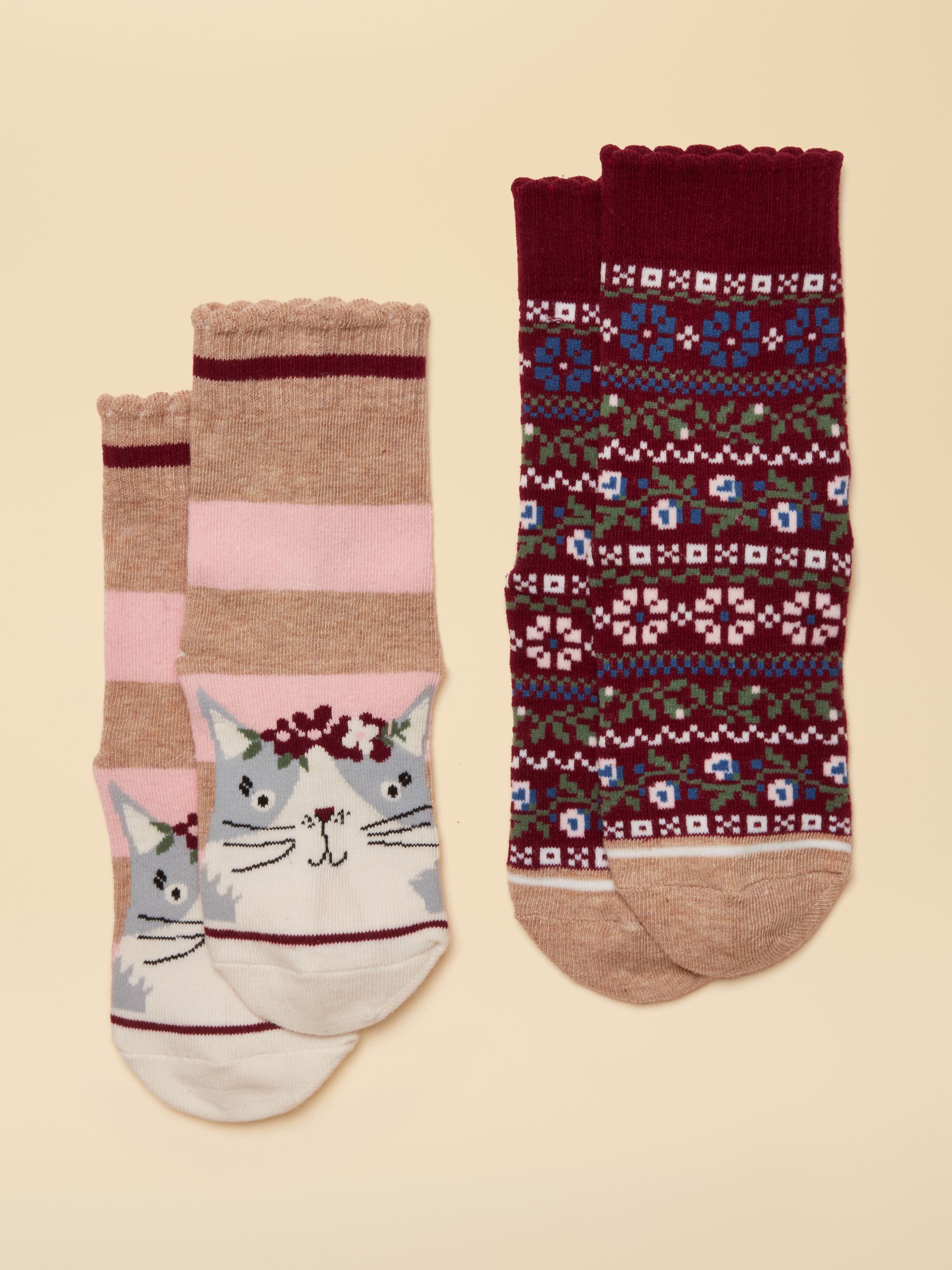 Kids' Neat Feet Pink & Berry Cat 2 Pack Socks - Image 1 of 3