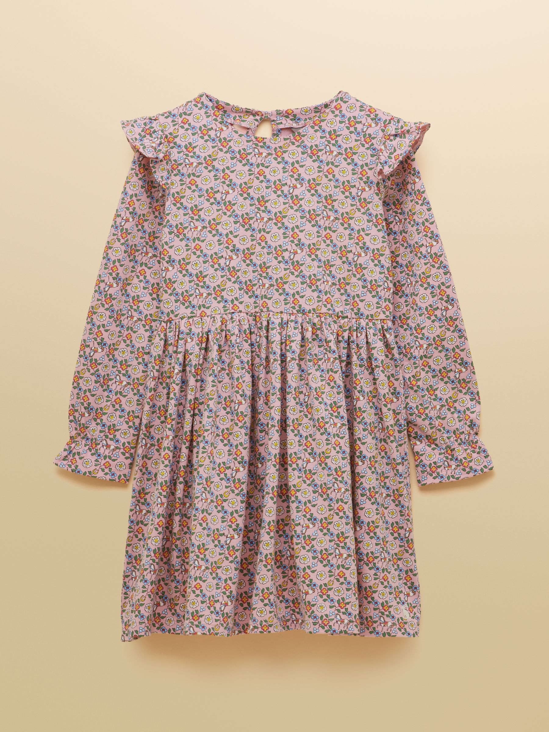 Pink Girls' Horse Ditsy Long Sleeve Jersey Dress - Image 1 of 5 Pink Girls' Horse Ditsy Long Sleeve Jersey Dress - Image 1 of 5