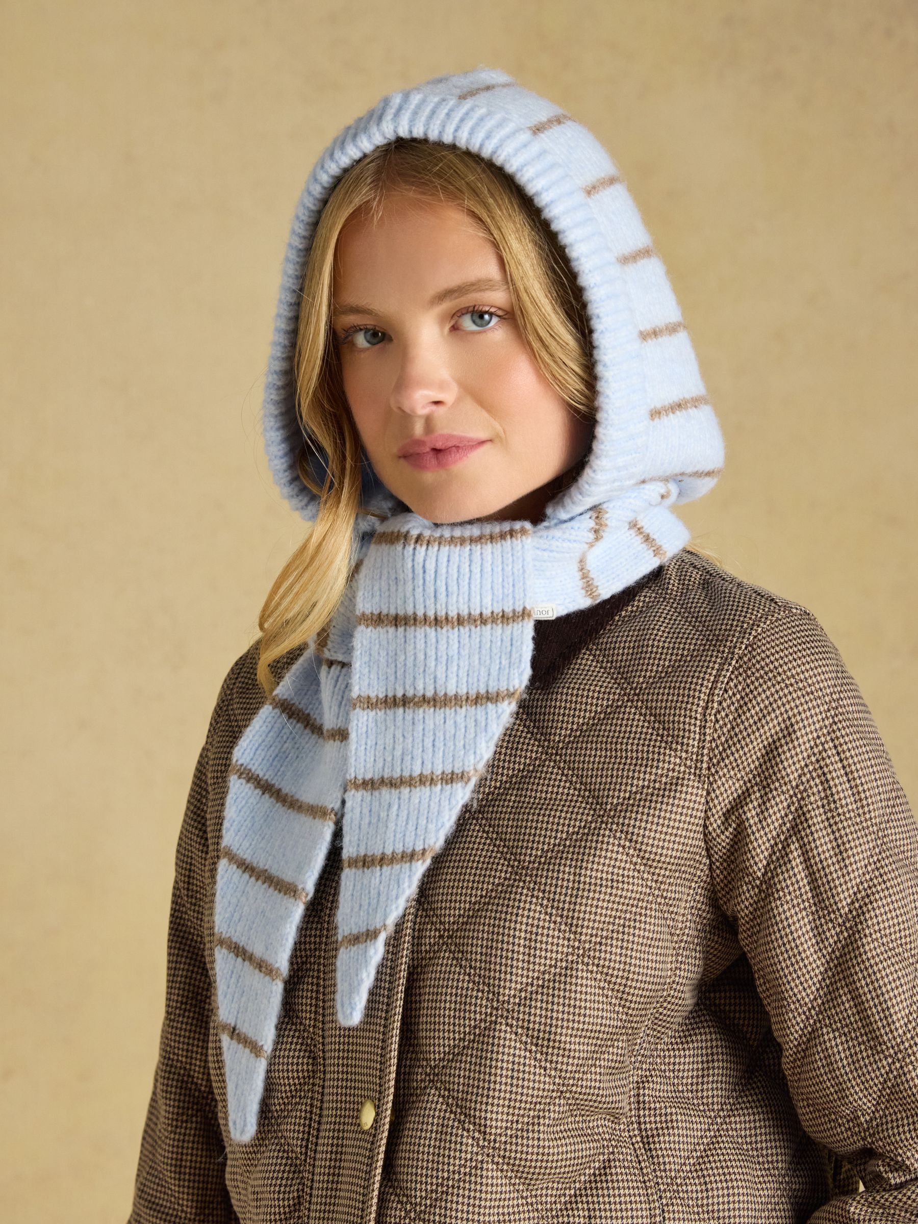 Knitted Blue Stripe Hooded Scarf - Image 1 of 6 Knitted Blue Stripe Hooded Scarf - Image 1 of 6
