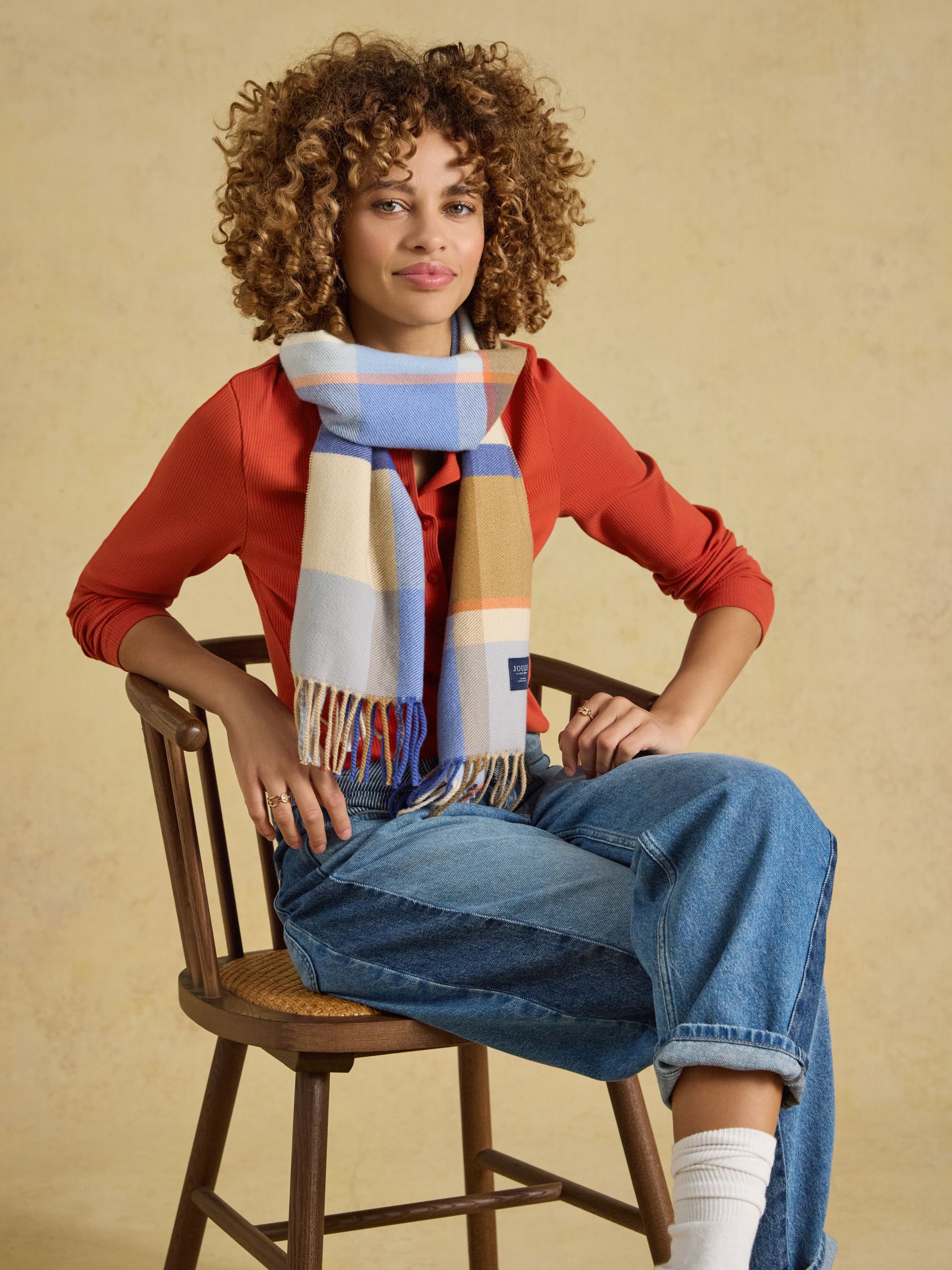 Langtree Blue Cream Check Scarf - Image 3 of 5
