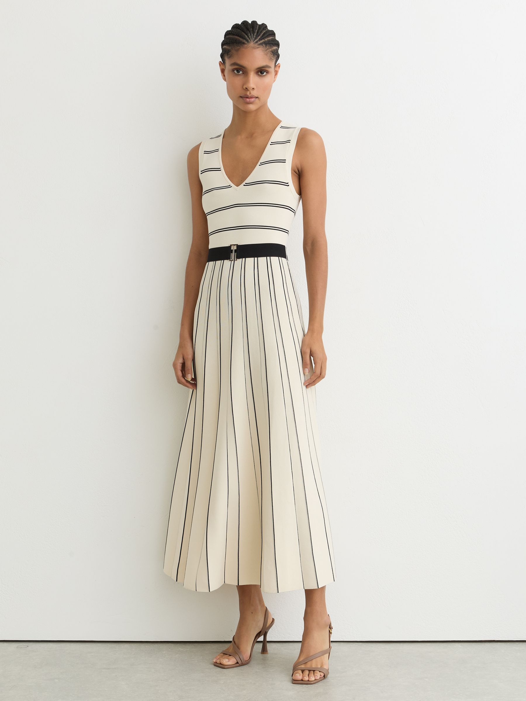 Sleeveless Stripe Knitted Midi Dress in Ivory/Black