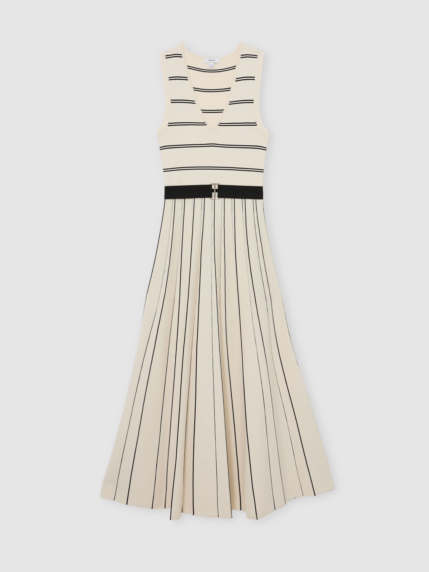 Sleeveless Stripe Knitted Midi Dress in Ivory/Black