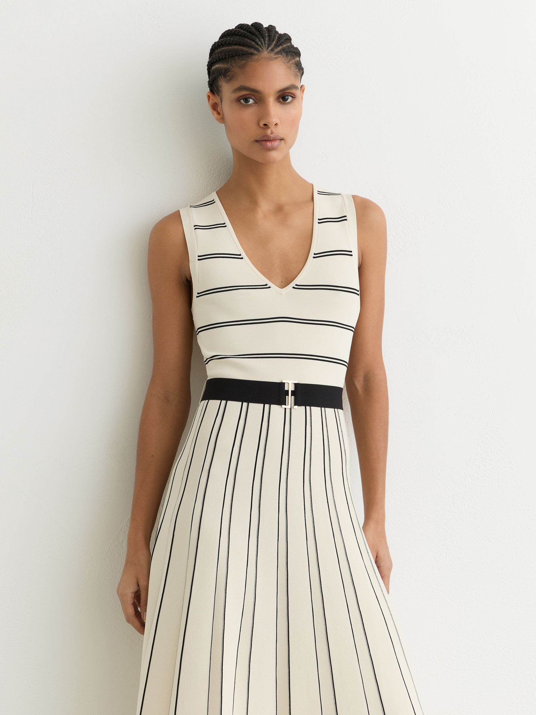 Sleeveless Stripe Knitted Midi Dress in Ivory/Black - Image 3 of 6