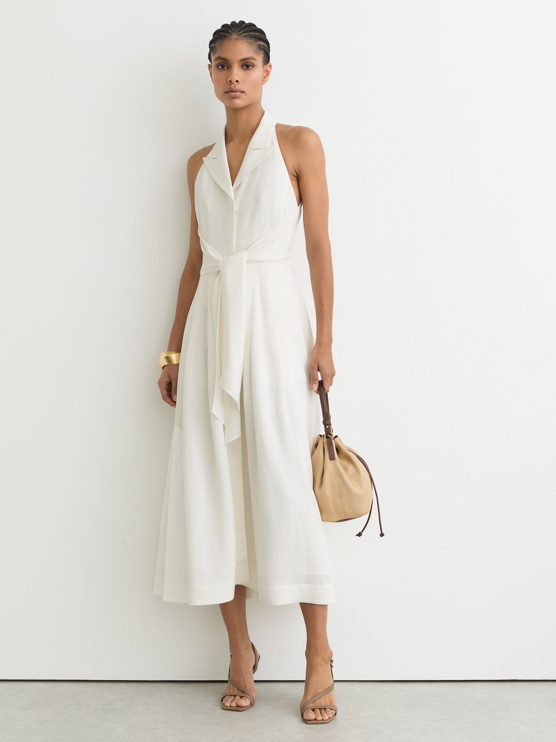Halterneck Belted Midi Dress with Linen in Ivory