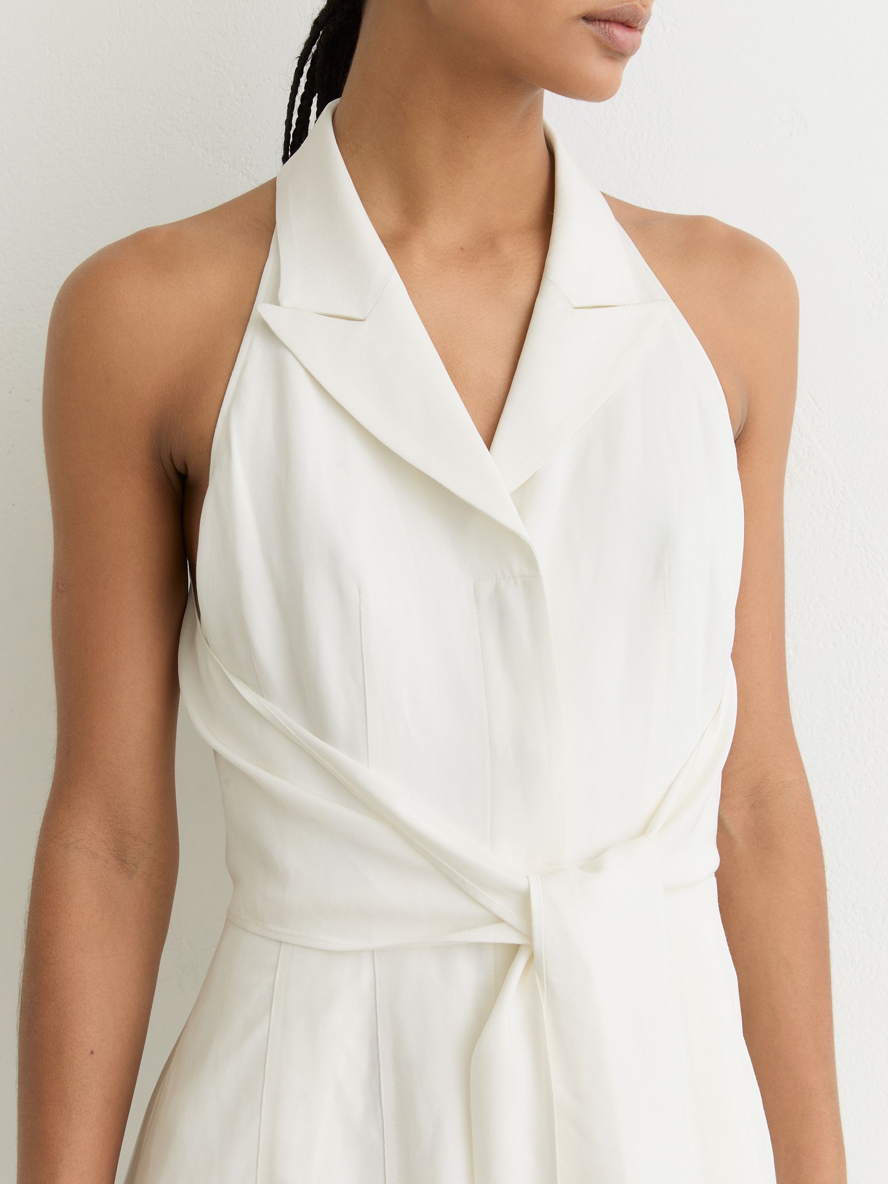 Halterneck Belted Midi Dress with Linen in Ivory - Image 5 of 7