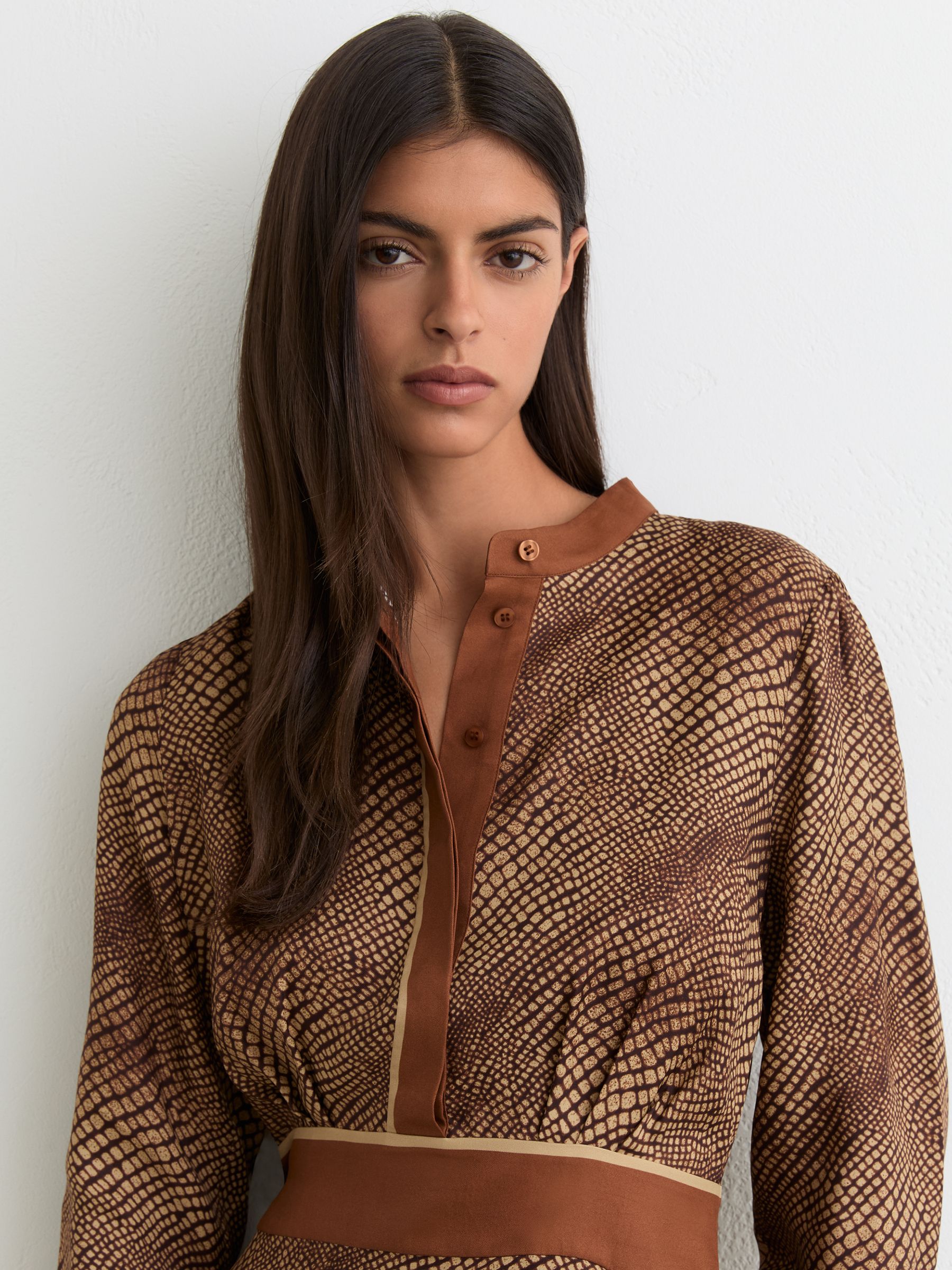 leopard print midi shirt dress leopard print midi dress with sleeves Bryony Brown Leopard Print Belted  Long Sleeve Midi Shirt Dress