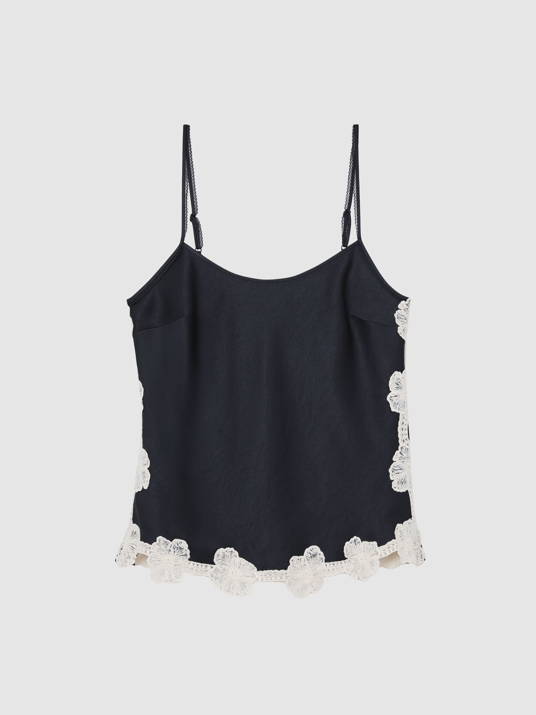 Satin Floral-Lace Trim Cami Top in Navy - Image 2 of 9