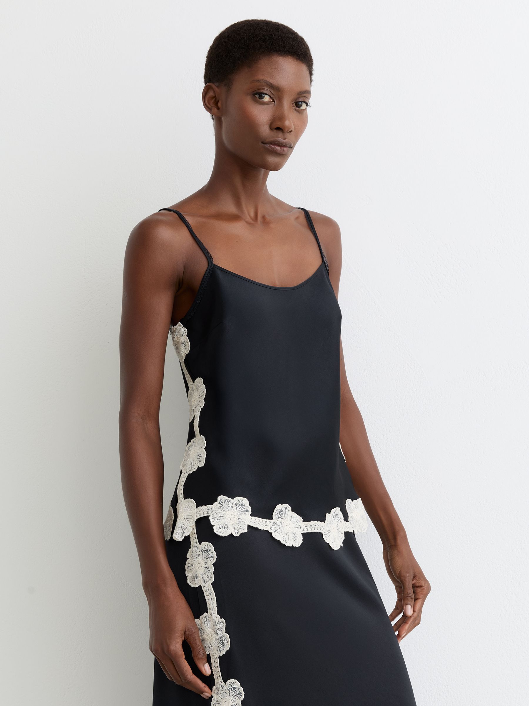 Reiss Satin Floral-Lace Trim Cami Top in Navy | REISS