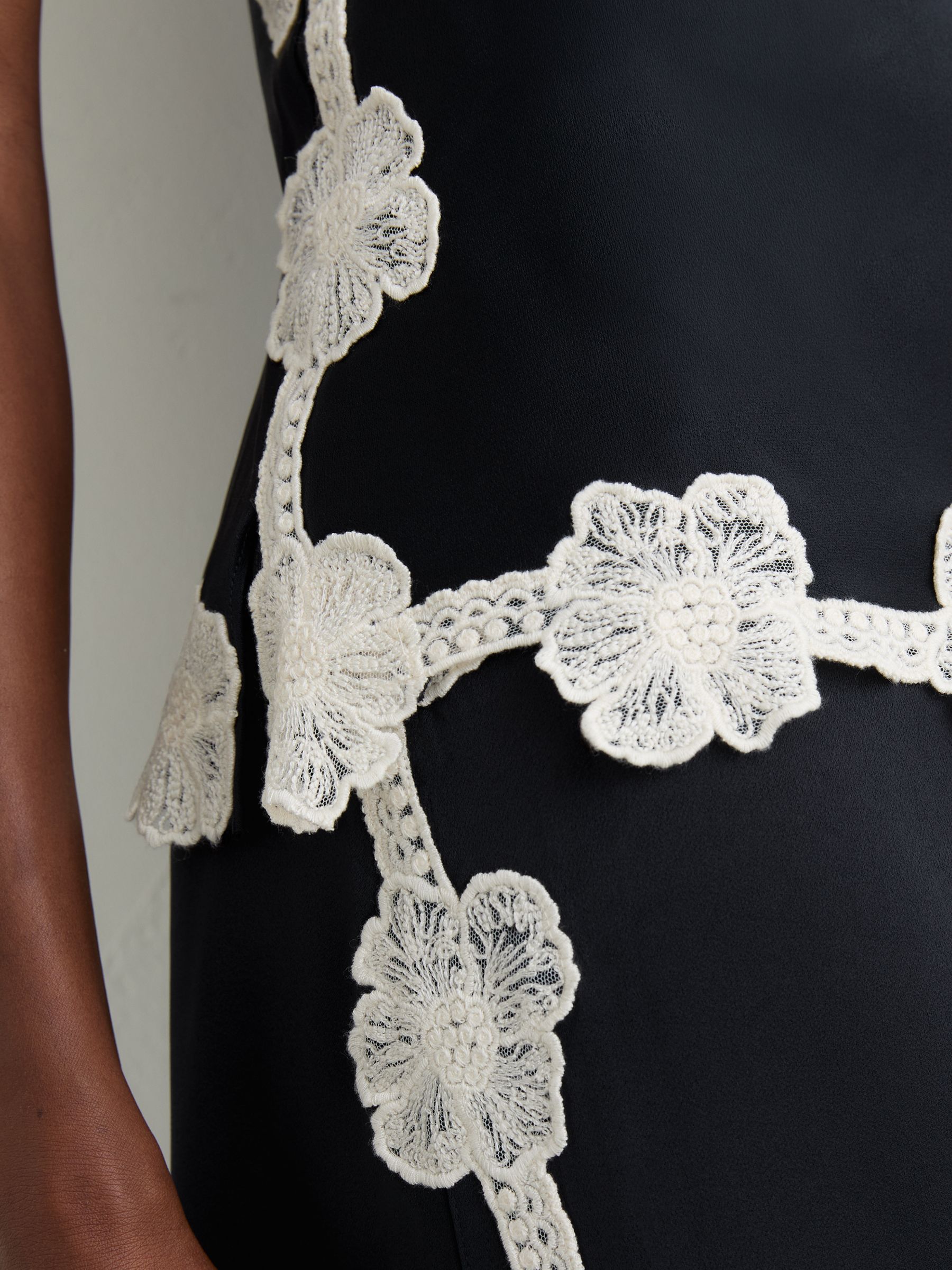 Satin Floral-Lace Trim Cami Top in Navy - Image 4 of 9