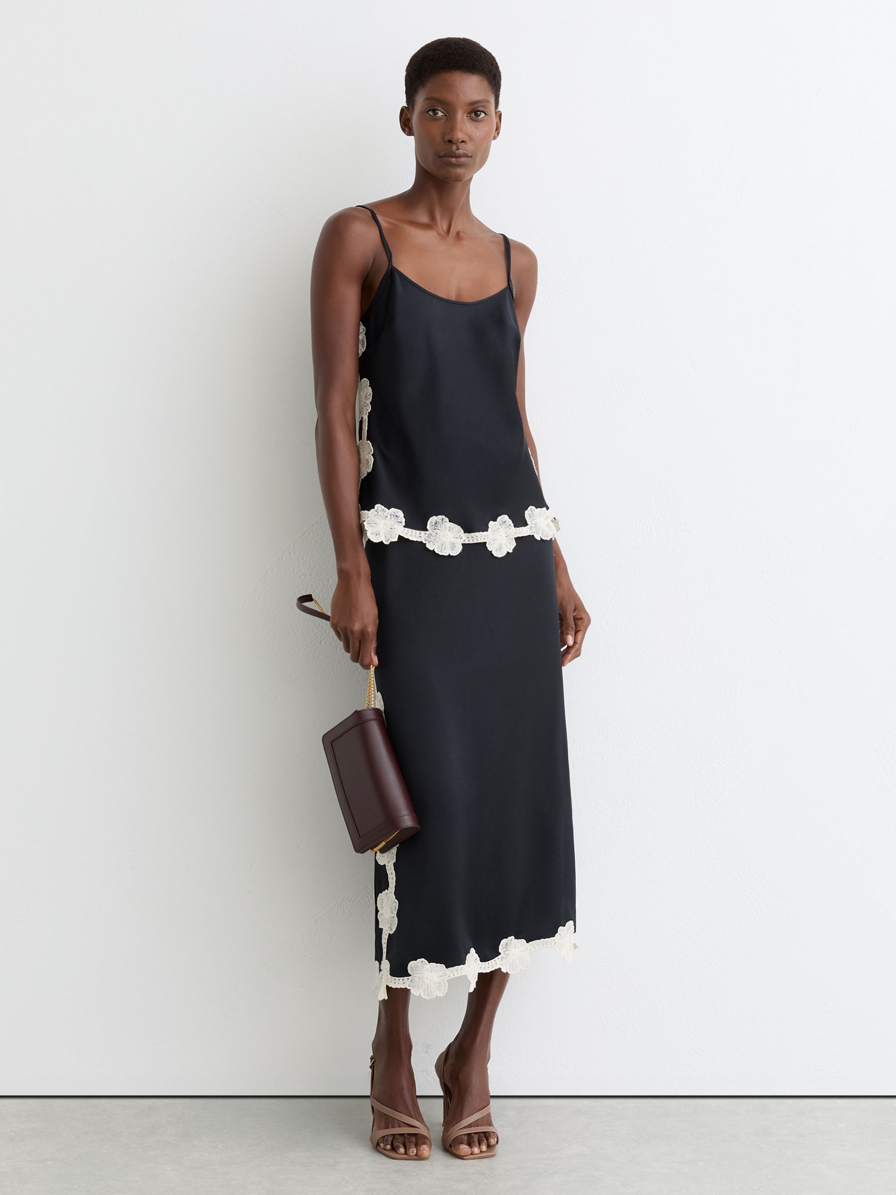 Satin Floral-Lace Trim Cami Top in Navy - Image 7 of 9