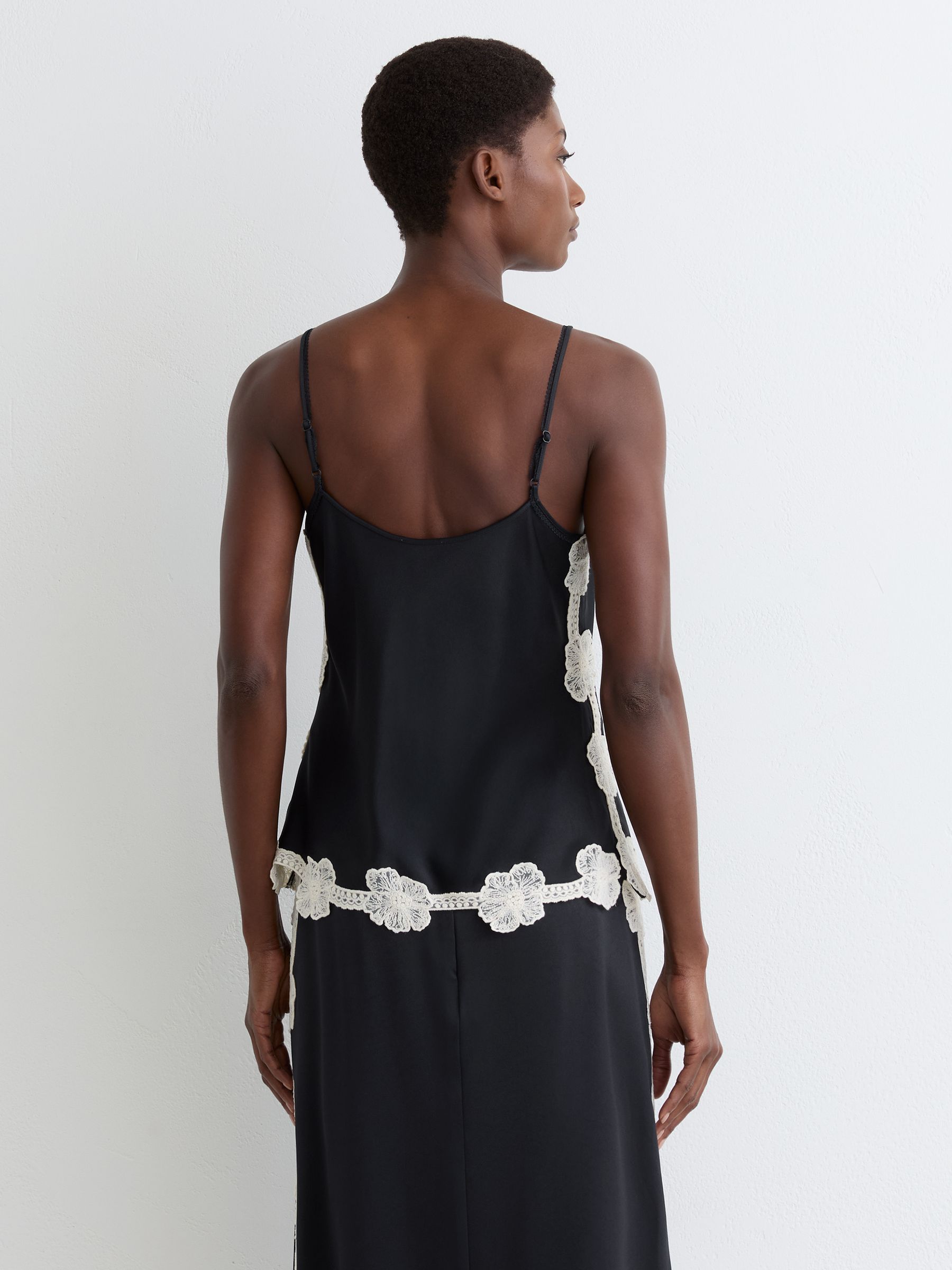 Satin Floral-Lace Trim Cami Top in Navy - Image 8 of 9