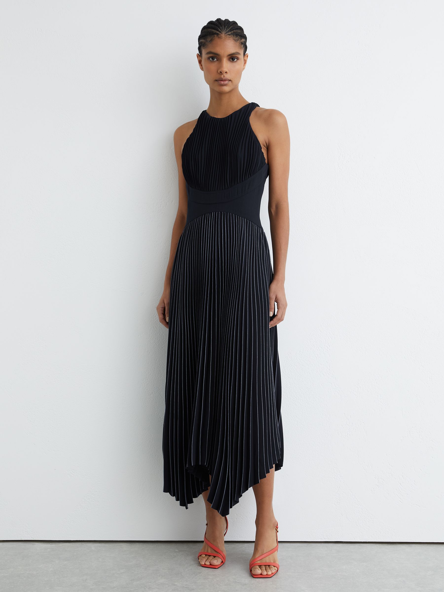 Pleated Sleeveless Midi Dress in Navy - Image 1 of 6