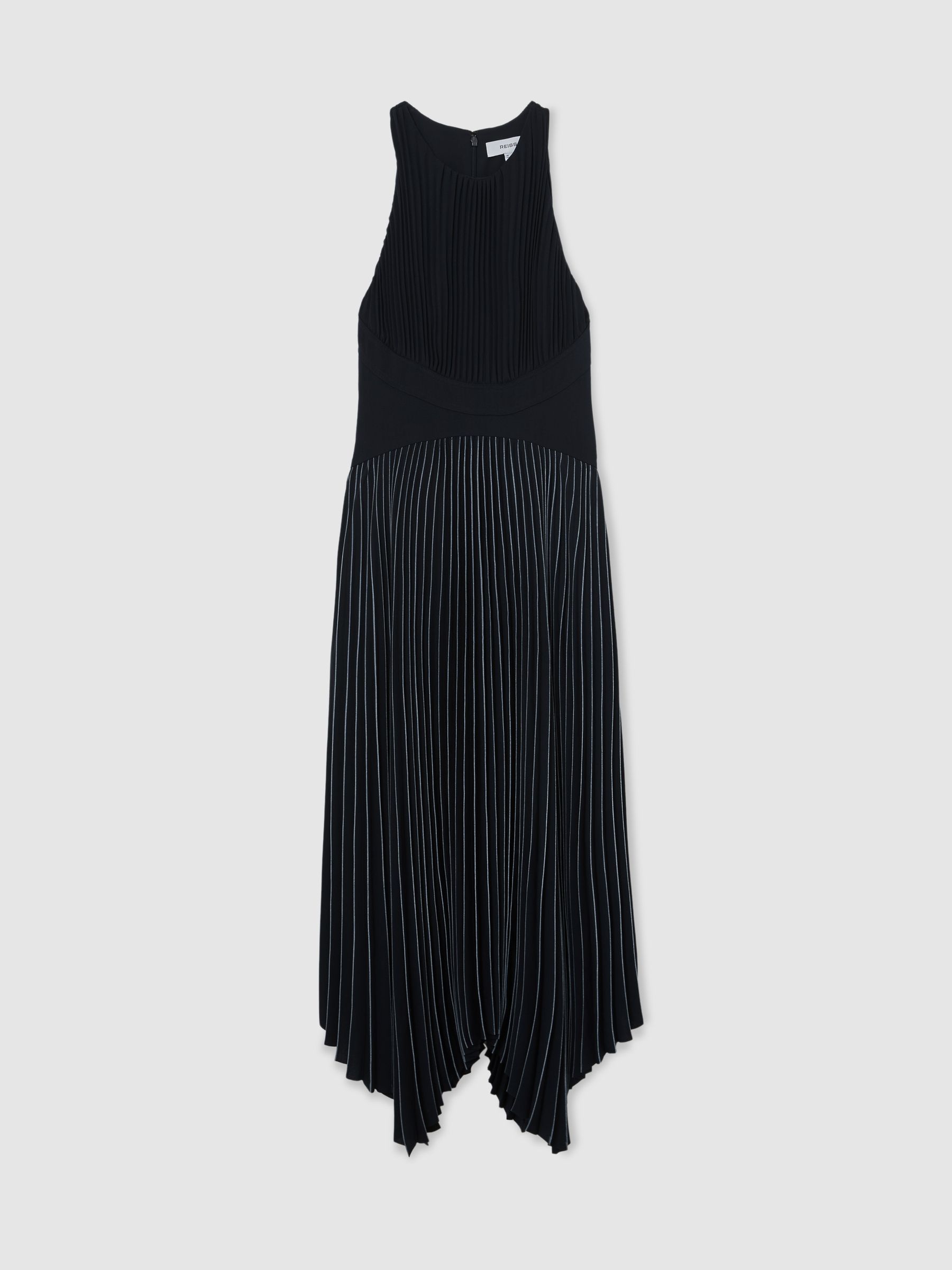Pleated Sleeveless Midi Dress in Navy - Image 2 of 6 Pleated Sleeveless Midi Dress in Navy - Image 2 of 6