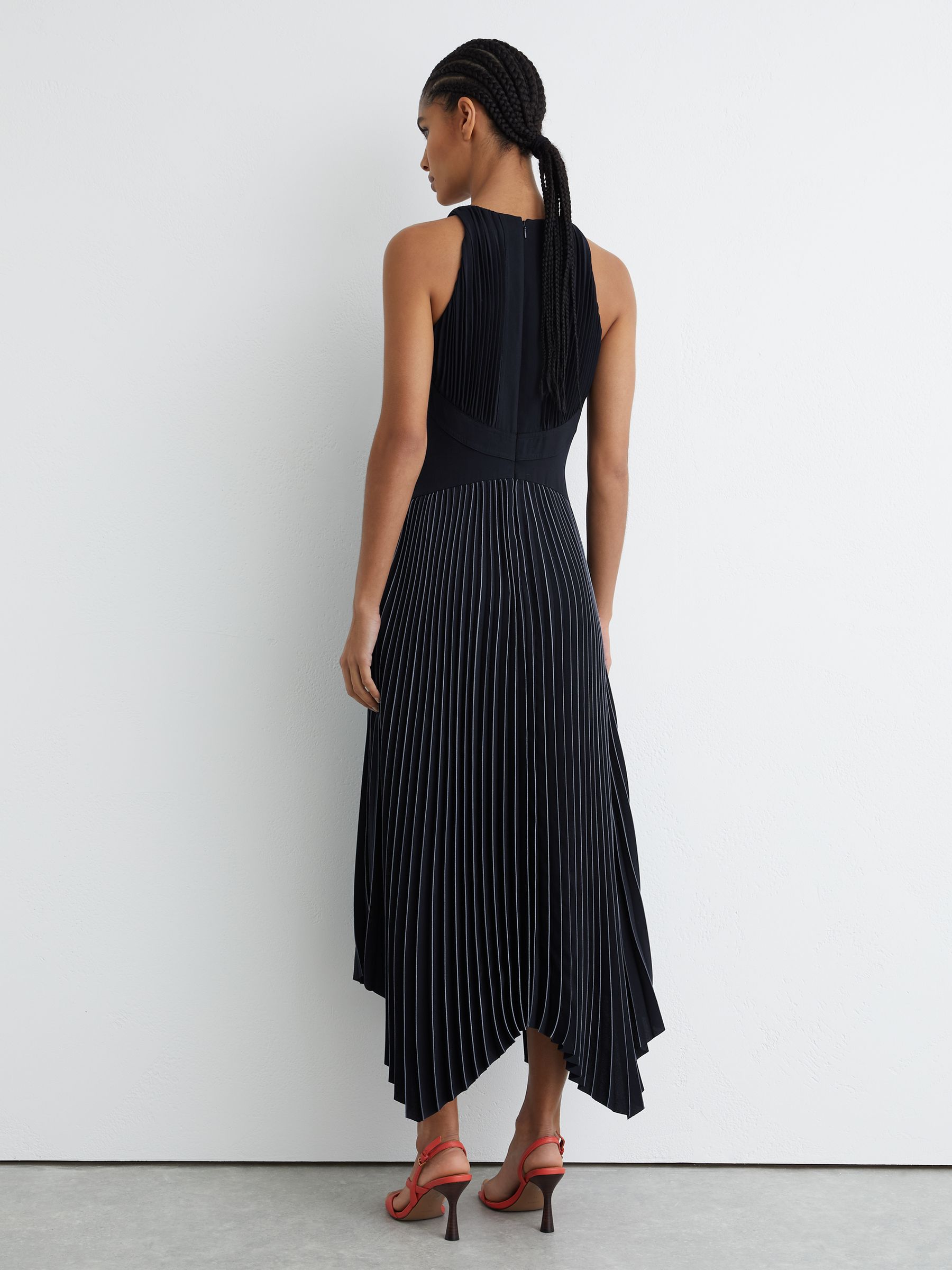 Pleated Sleeveless Midi Dress in Navy - Image 5 of 6