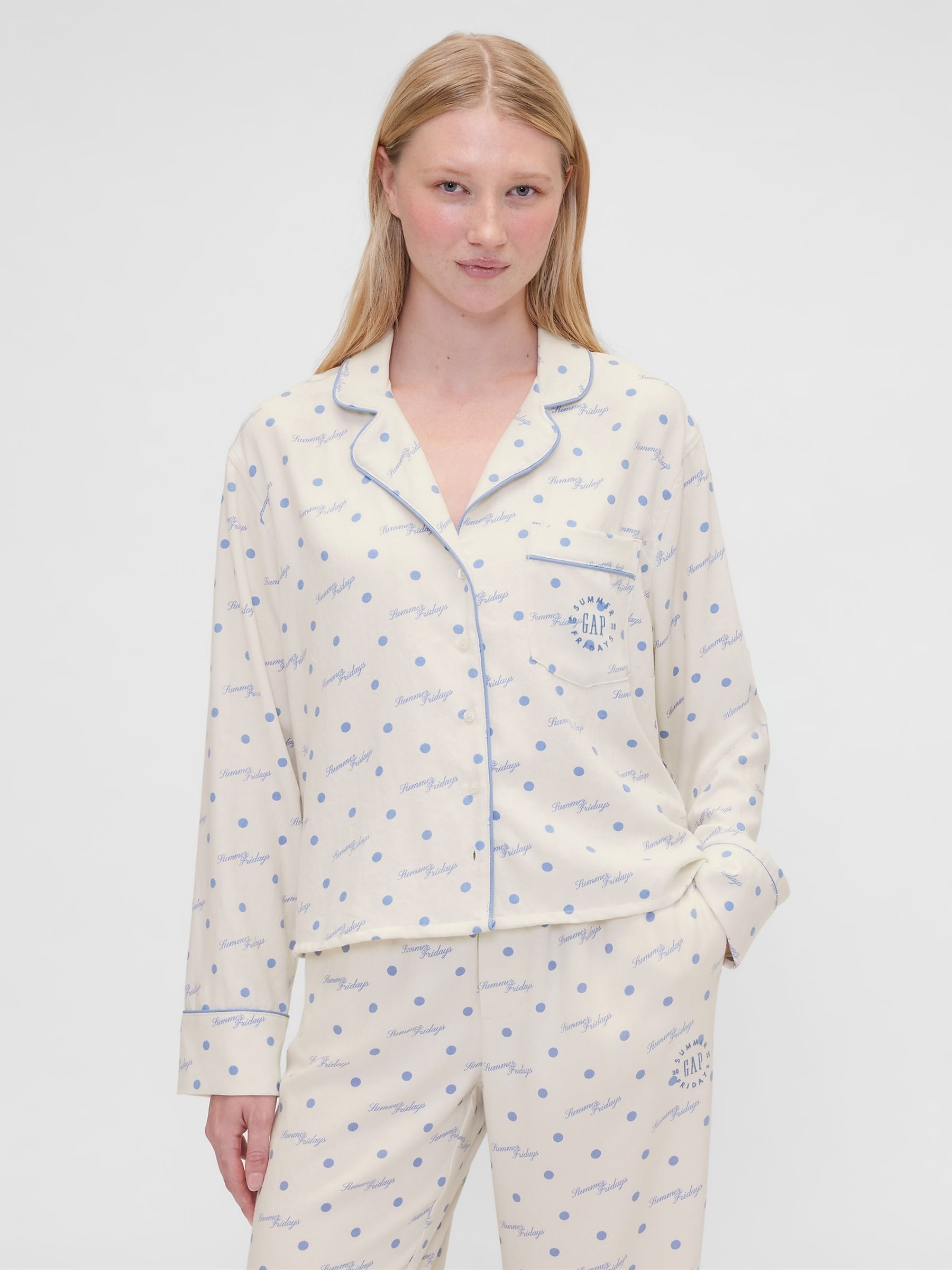 Gap X Summer Fridays White/Blue Relaxed Flannel Dotted Pyjama Shirt - Image 5 of 11