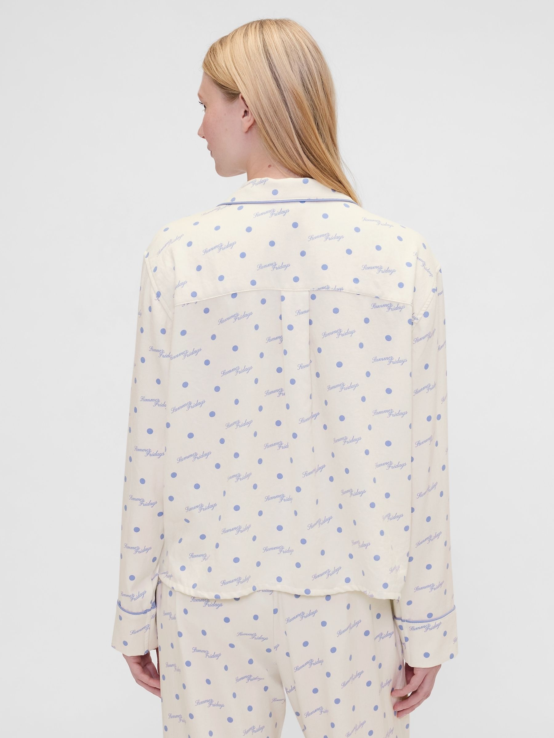 Gap X Summer Fridays White/Blue Relaxed Flannel Dotted Pyjama Shirt - Image 6 of 11