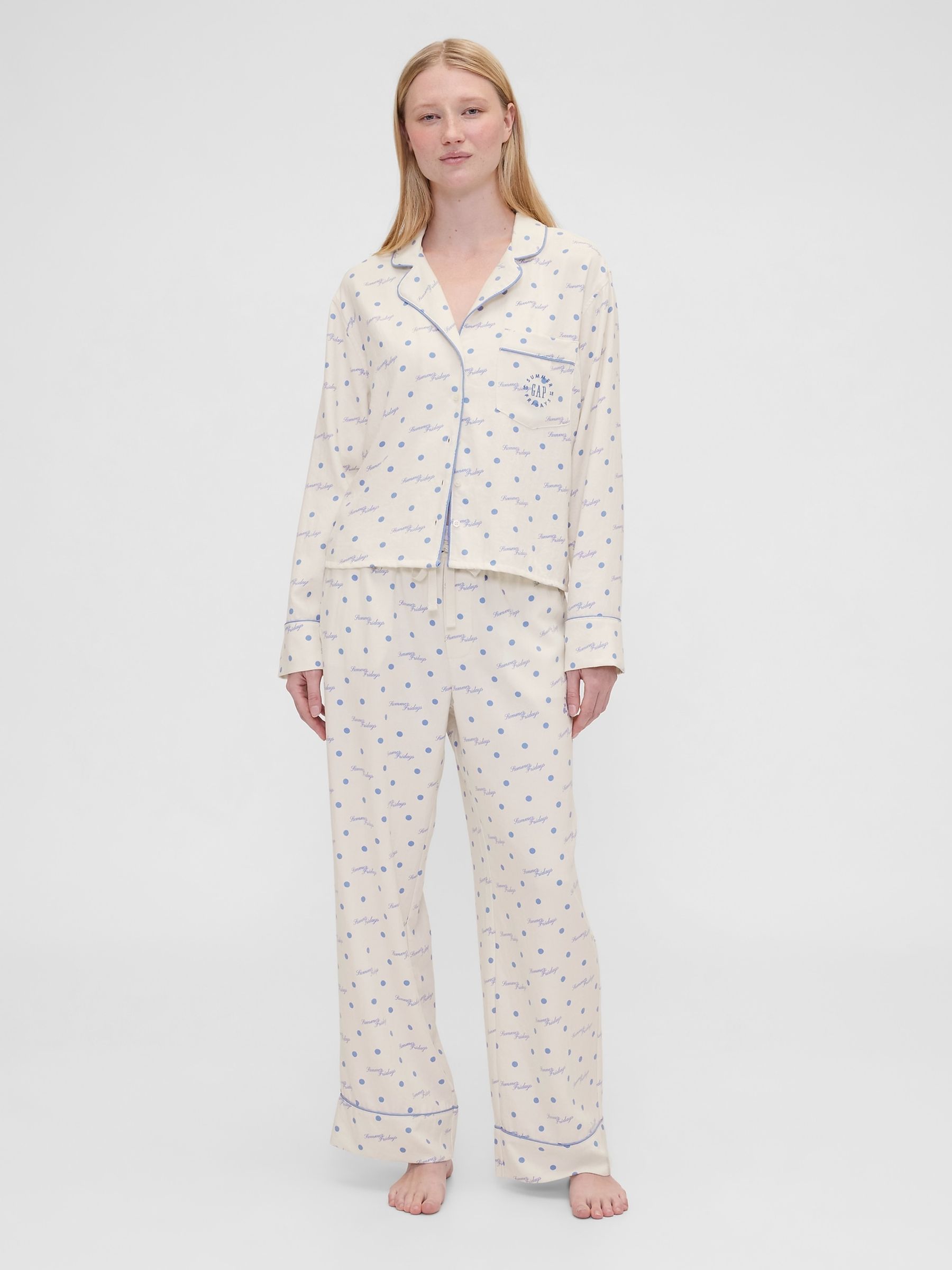 Gap X Summer Fridays White/Blue Relaxed Flannel Dotted Pyjama Shirt - Image 7 of 11