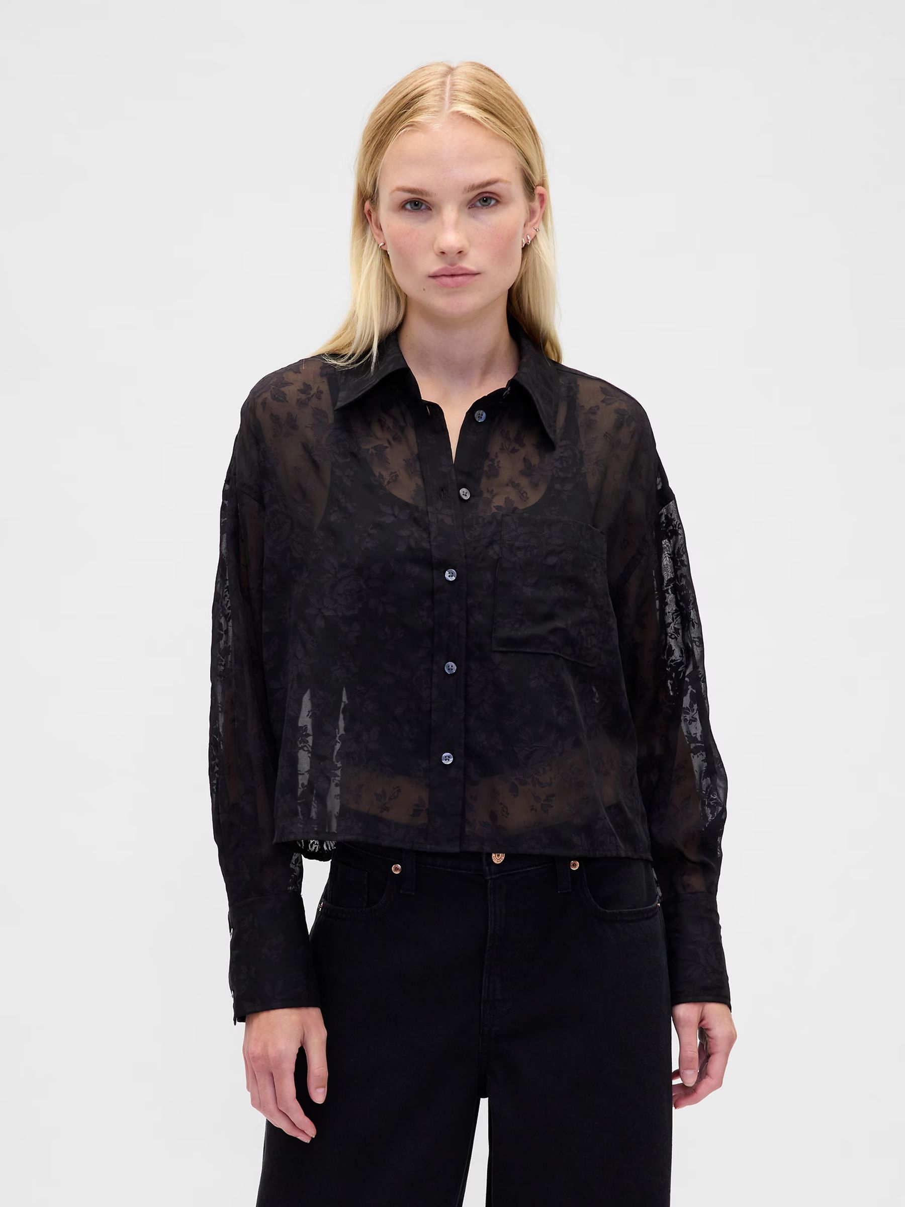 Black floral Sheer Straight-Hem Crop Shirt - Image 2 of 5