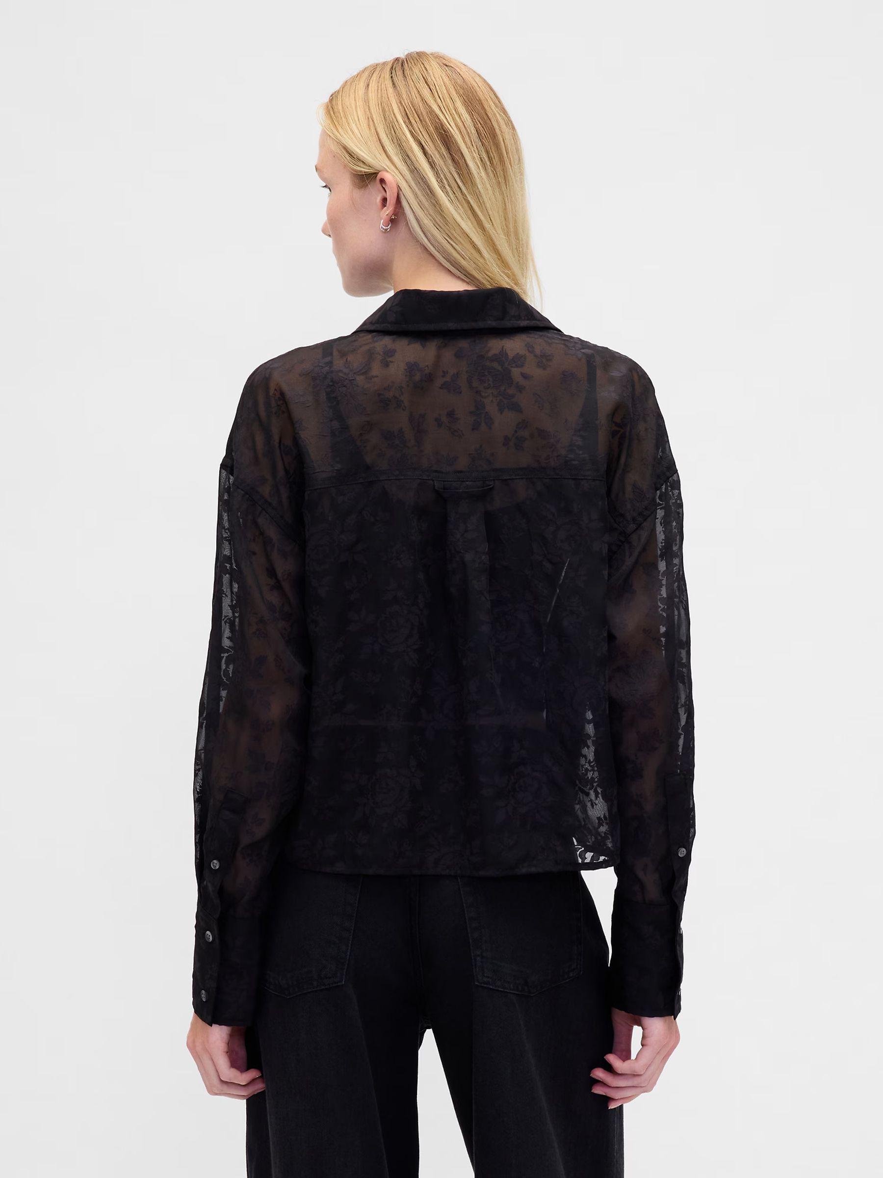 Black floral Sheer Straight-Hem Crop Shirt - Image 3 of 5