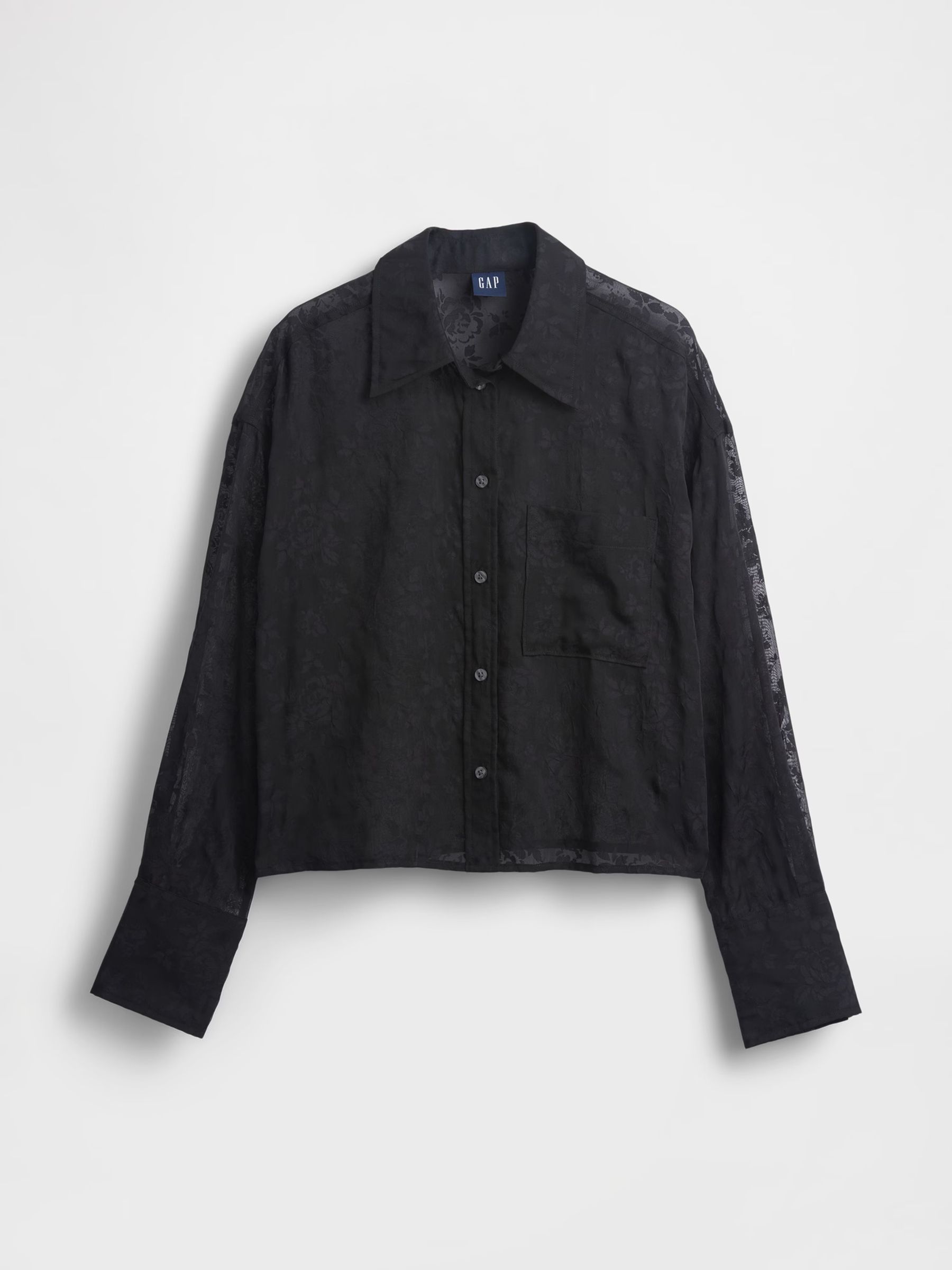 Black floral Sheer Straight-Hem Crop Shirt - Image 5 of 5