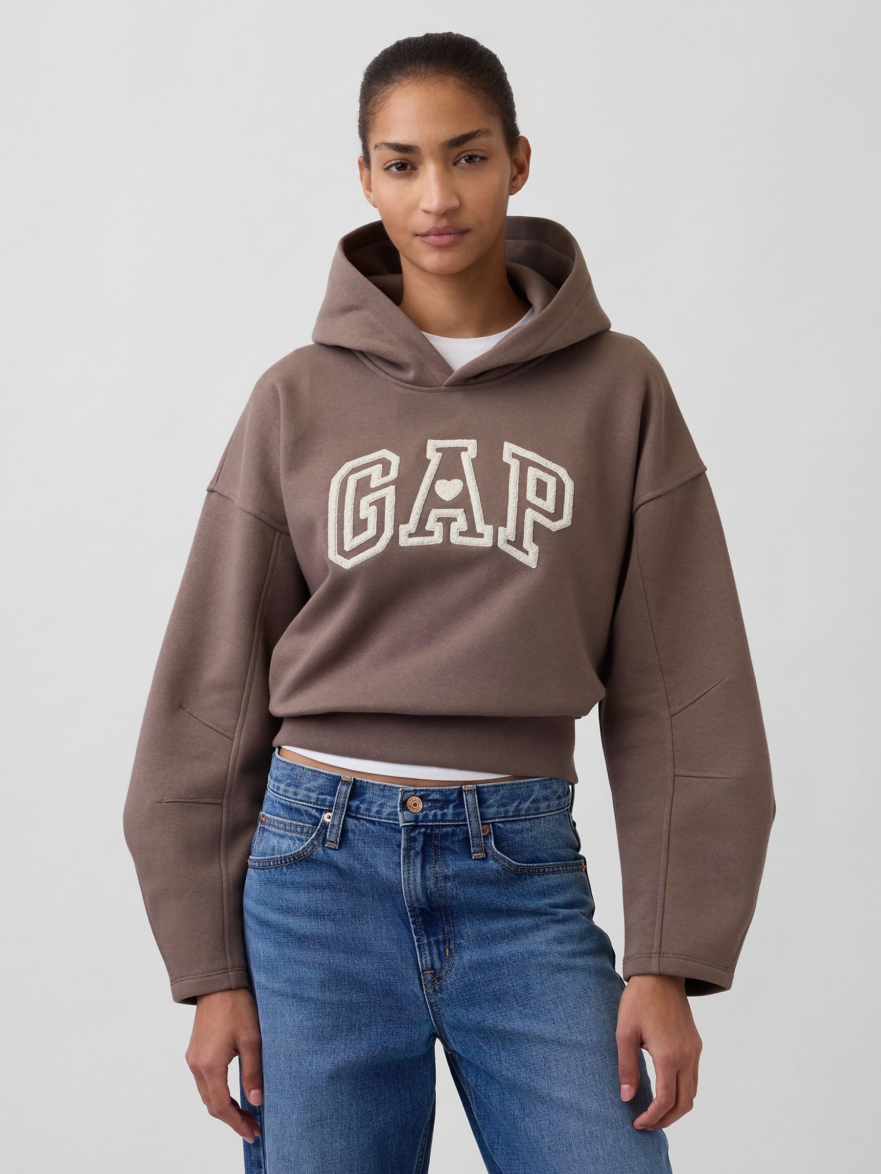 Brown VintageSoft Oversized Lantern-Sleeve Crop Hoodie - Image 1 of 4