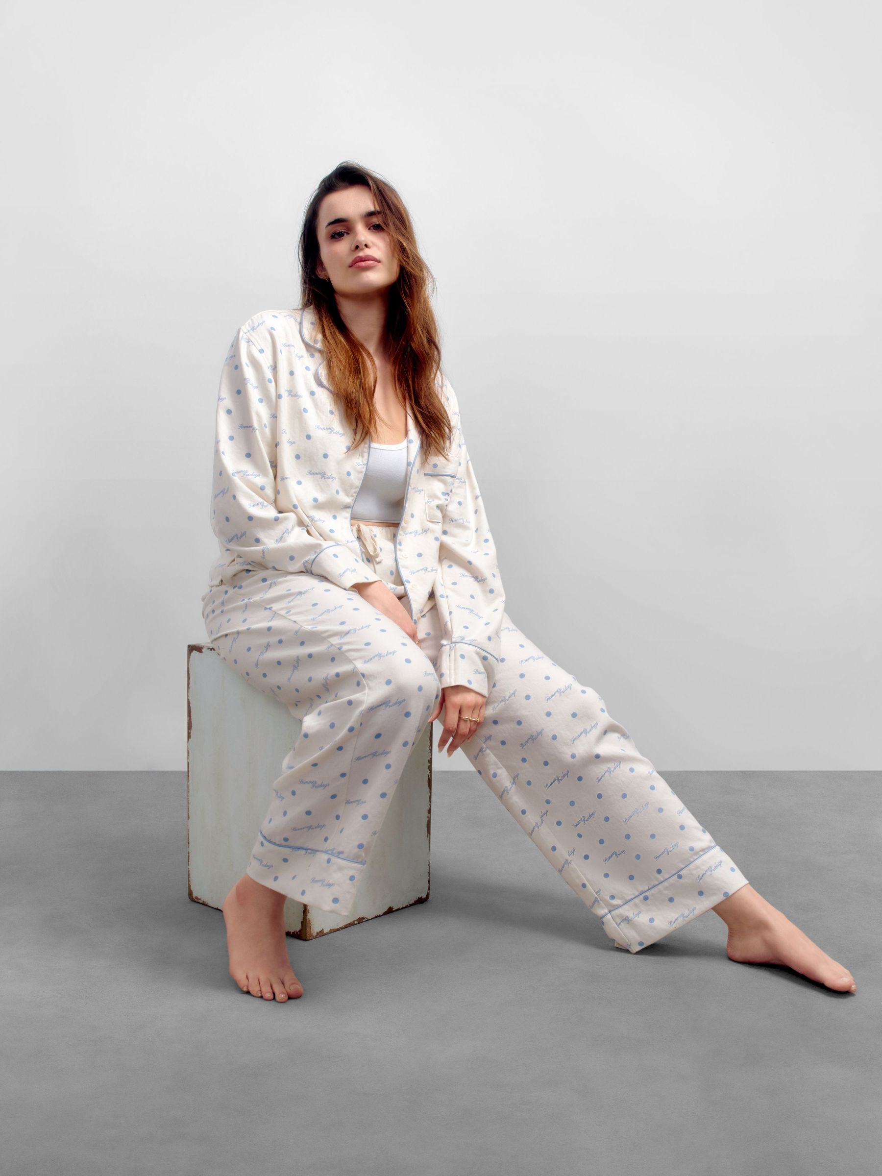 Gap X Summer Fridays White/Blue Relaxed Flannel Dotted Pyjama Bottoms - Image 1 of 9 Gap X Summer Fridays White/Blue Relaxed Flannel Dotted Pyjama Bottoms - Image 1 of 9