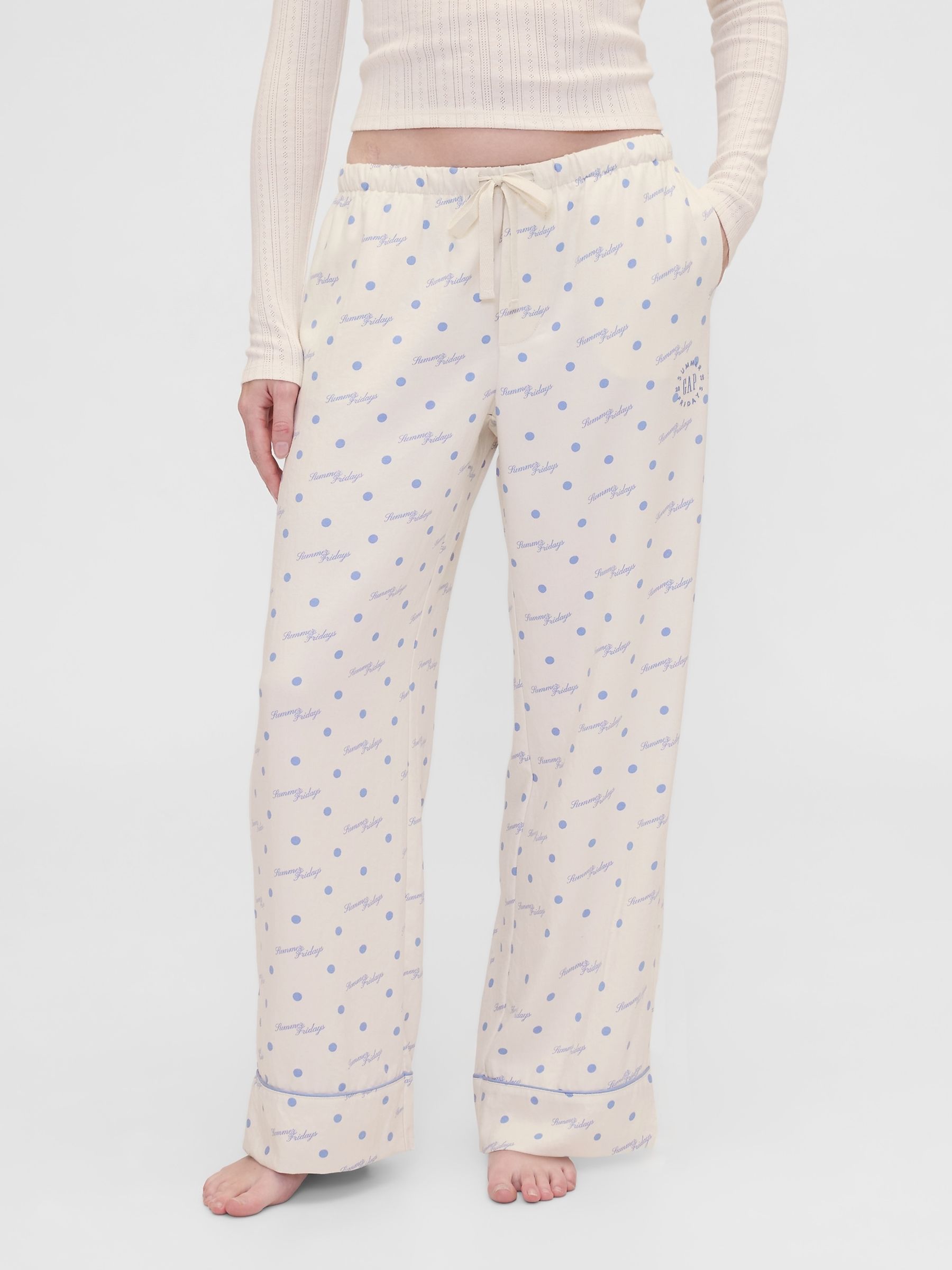 Gap X Summer Fridays White/Blue Relaxed Flannel Dotted Pyjama Bottoms - Image 3 of 9