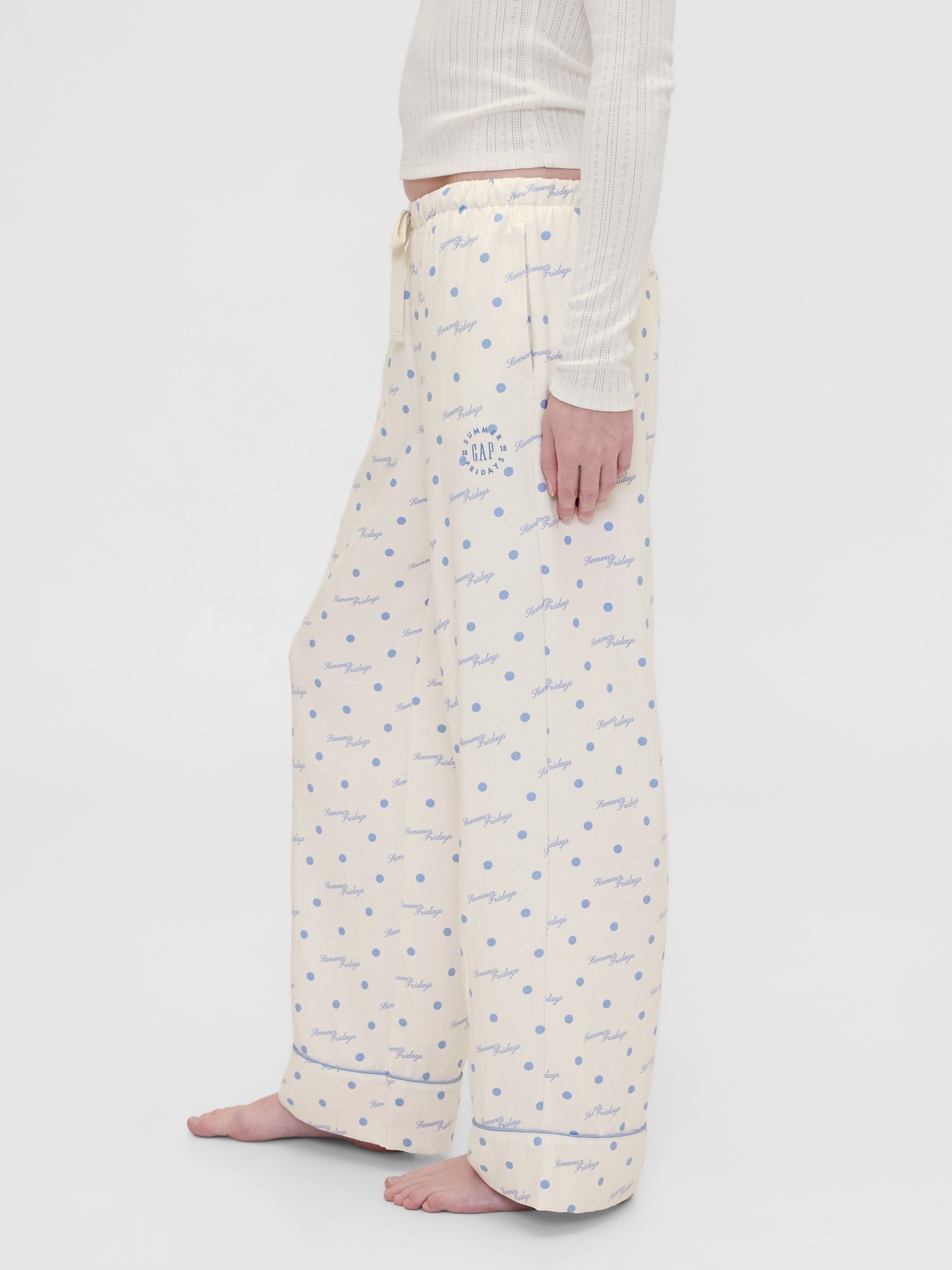 Gap X Summer Fridays White/Blue Relaxed Flannel Dotted Pyjama Bottoms - Image 5 of 9
