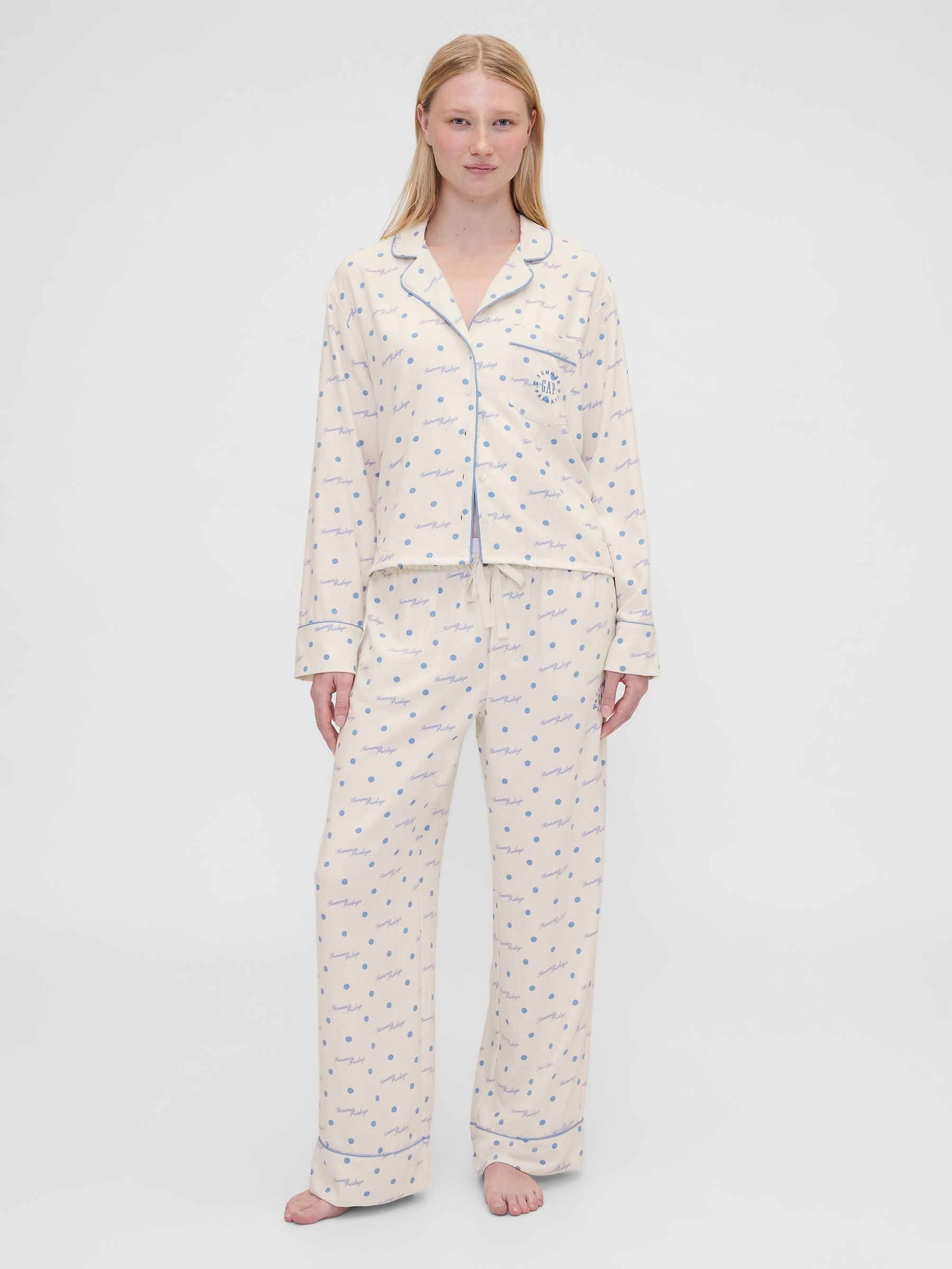 Gap X Summer Fridays White/Blue Relaxed Flannel Dotted Pyjama Bottoms - Image 7 of 9