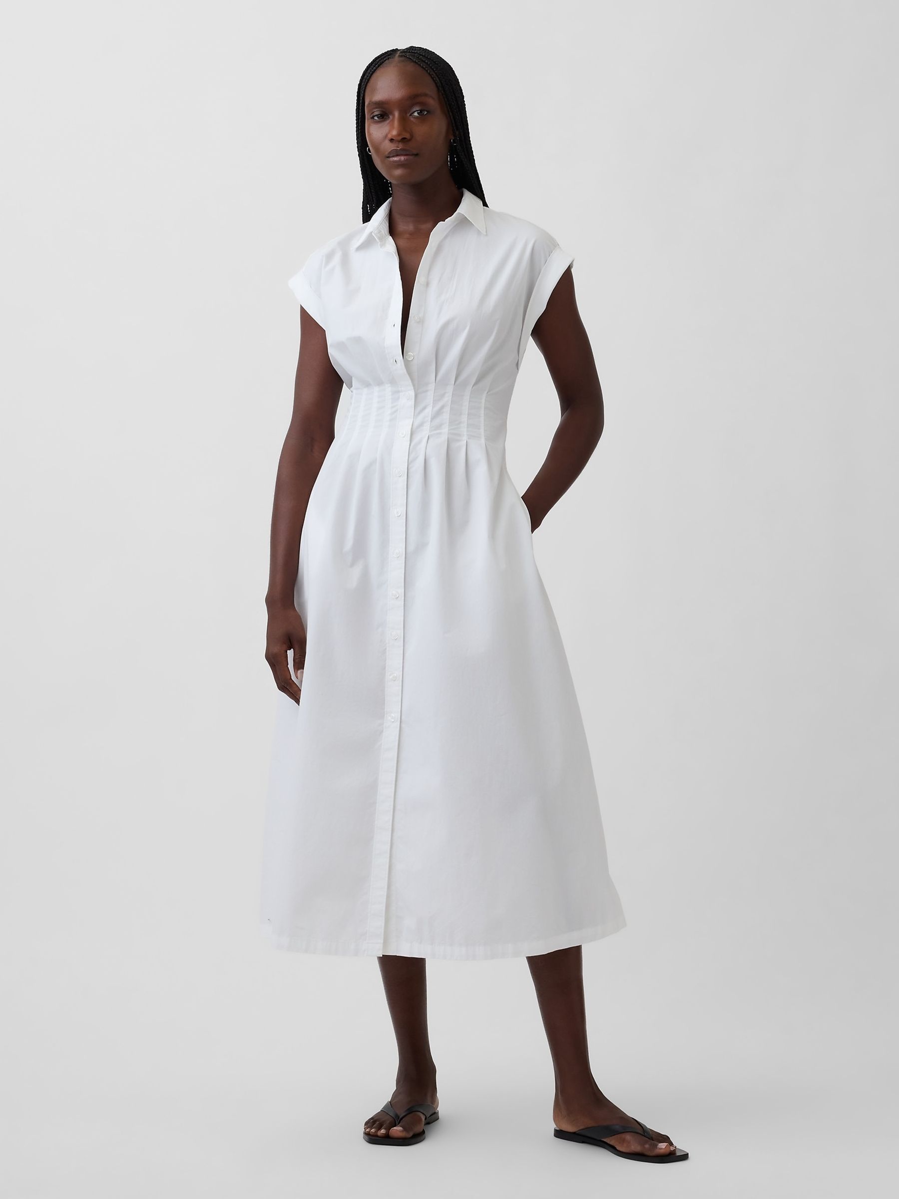 White Poplin Cinched Midi Shirtdress - Image 1 of 4