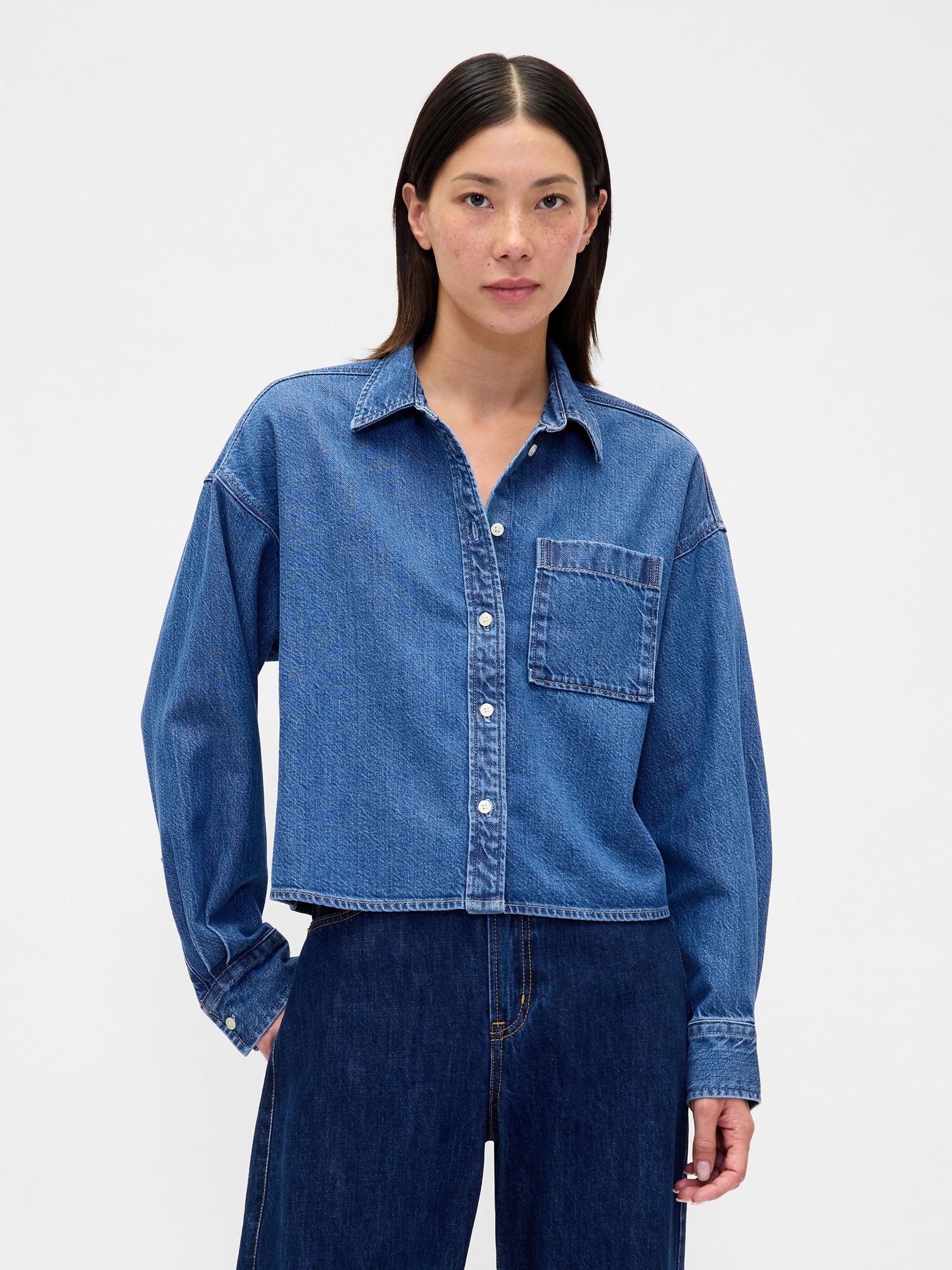 Medium Wash UltraSoft Denim Oversized Straight-Hem Crop Shirt - Image 1 of 4