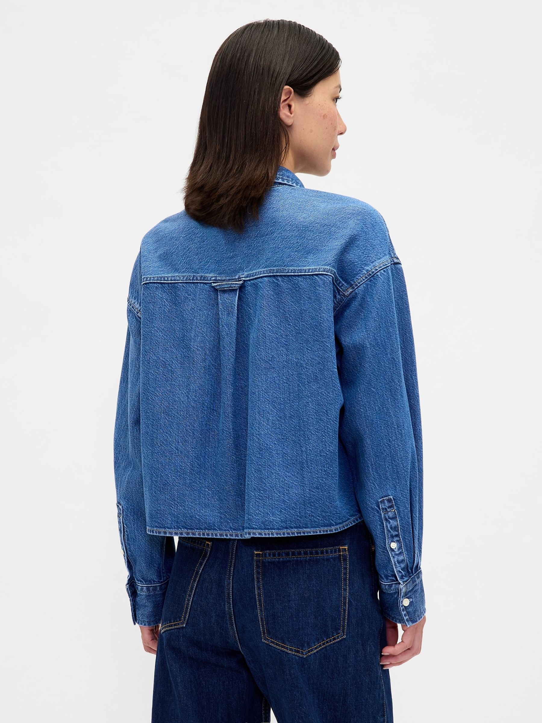 Medium Wash UltraSoft Denim Oversized Straight-Hem Crop Shirt - Image 2 of 4 Medium Wash UltraSoft Denim Oversized Straight-Hem Crop Shirt - Image 2 of 4