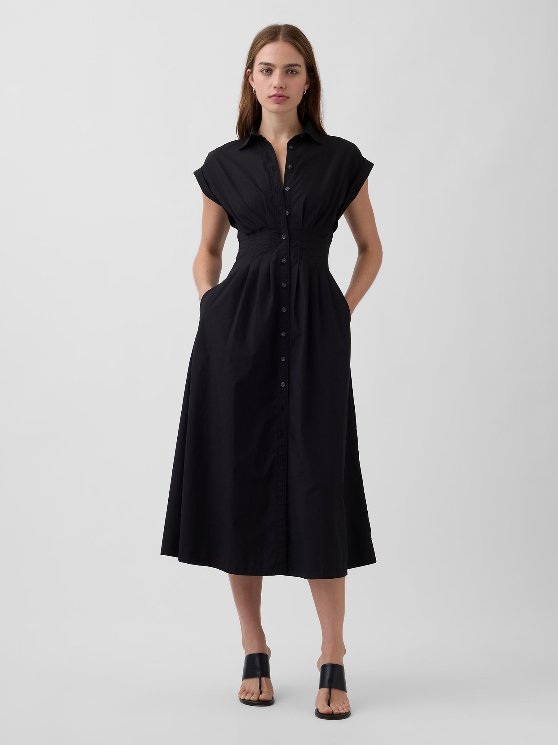 Black Poplin Cinched Midi Shirtdress - Image 1 of 4