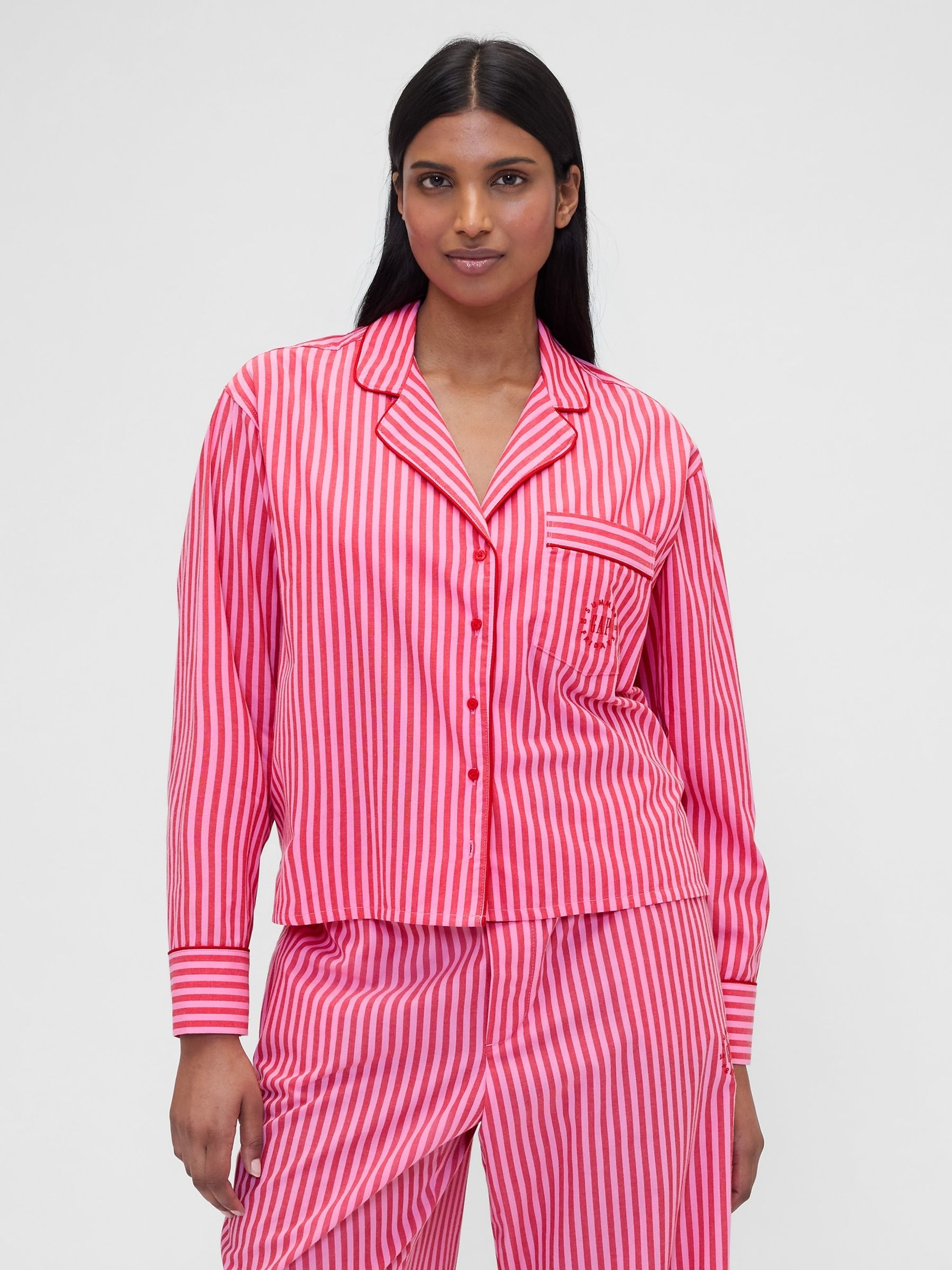 Gap X Summer Fridays Bright Pink/Red Relaxed Poplin Stripe Pyjama Shirt - Image 1 of 7