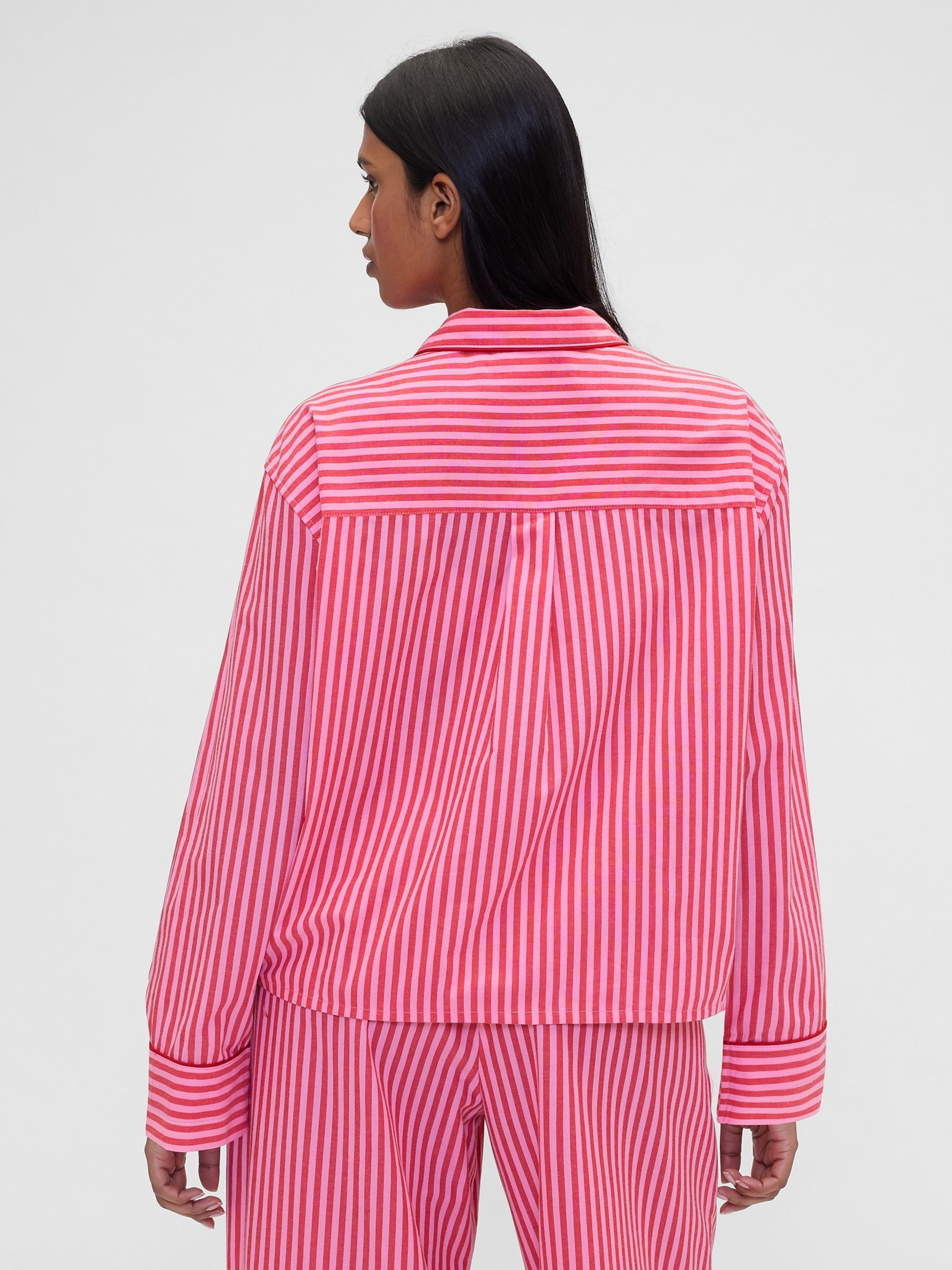 Gap X Summer Fridays Bright Pink/Red Relaxed Poplin Stripe Pyjama Shirt - Image 2 of 7
