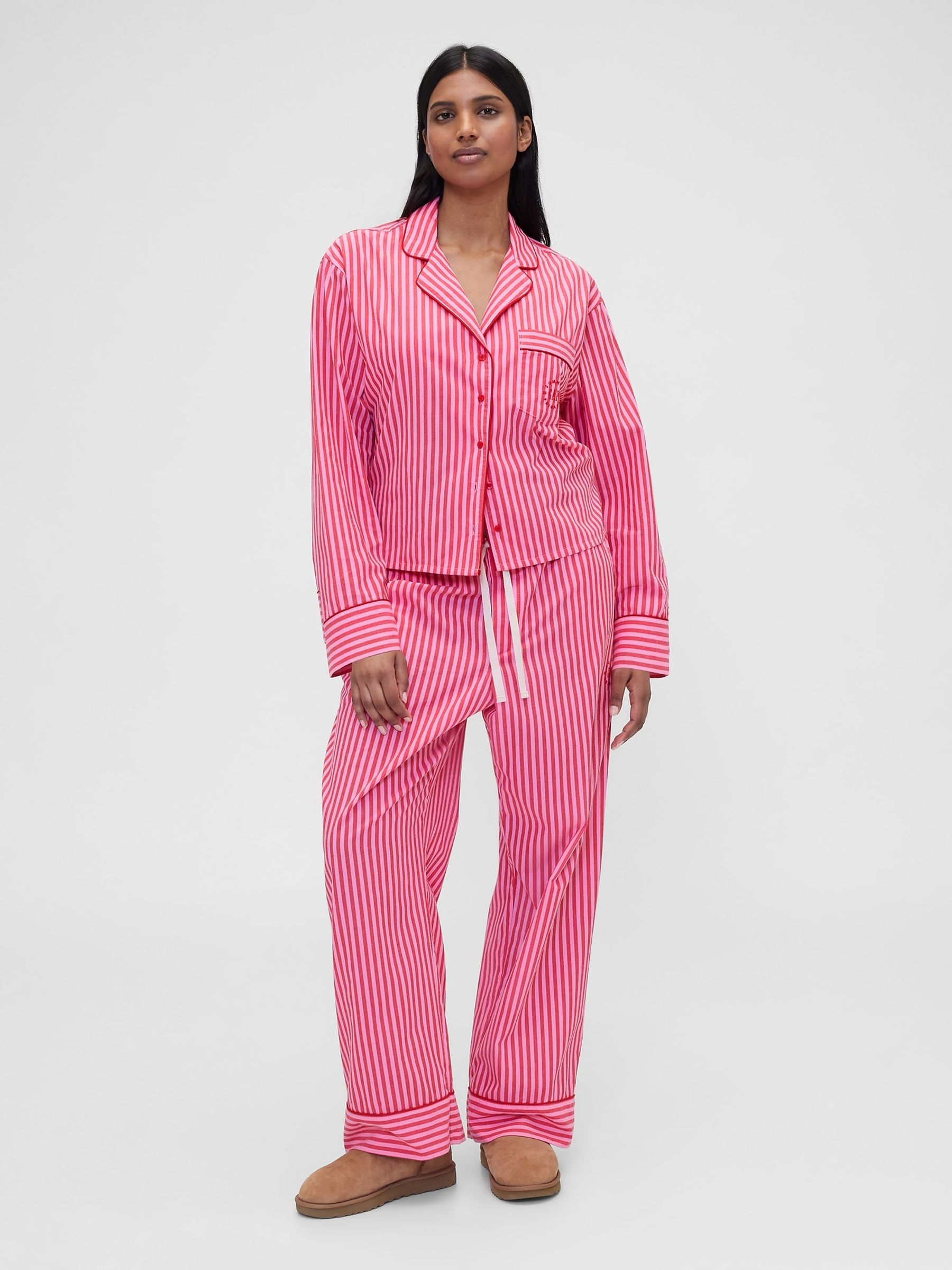 Gap X Summer Fridays Bright Pink/Red Relaxed Poplin Stripe Pyjama Shirt - Image 3 of 7