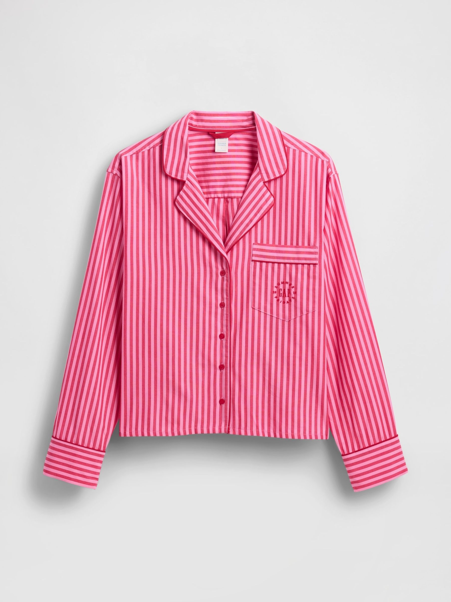Gap X Summer Fridays Bright Pink/Red Relaxed Poplin Stripe Pyjama Shirt - Image 5 of 7