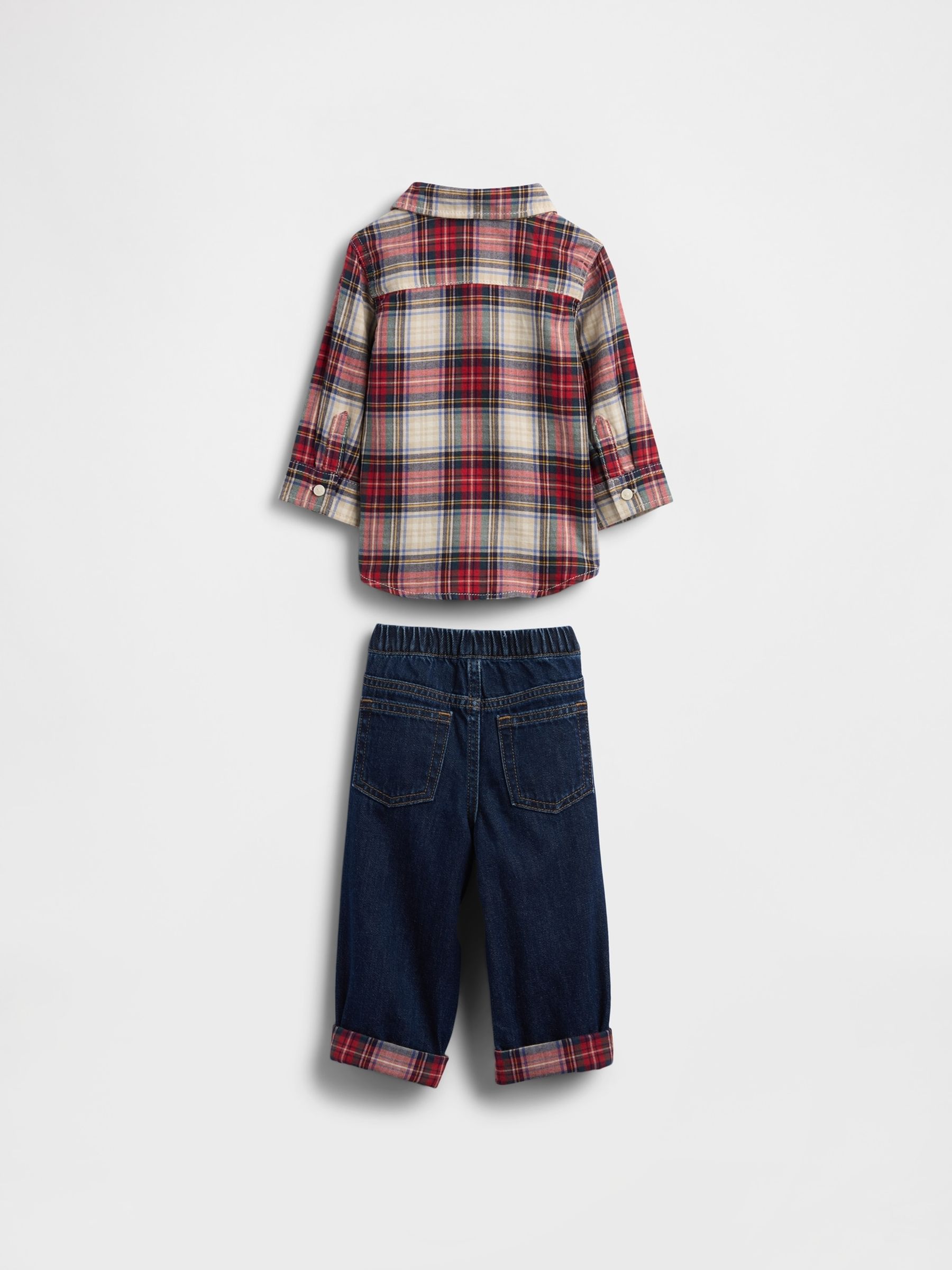 Red Check Flannel and Denim Outfit Top & Shorts Set - Image 2 of 3