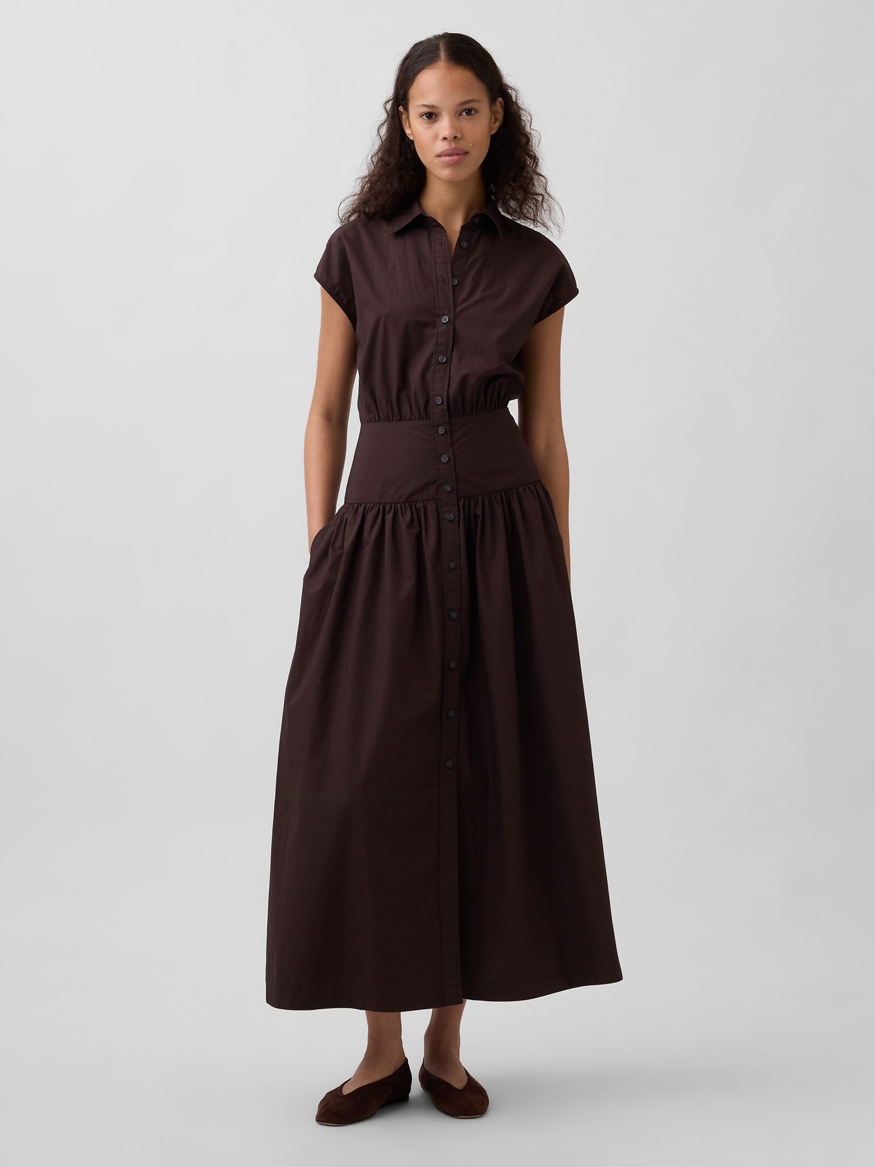 Brown Poplin Drop-Waist Maxi Shirt Dress