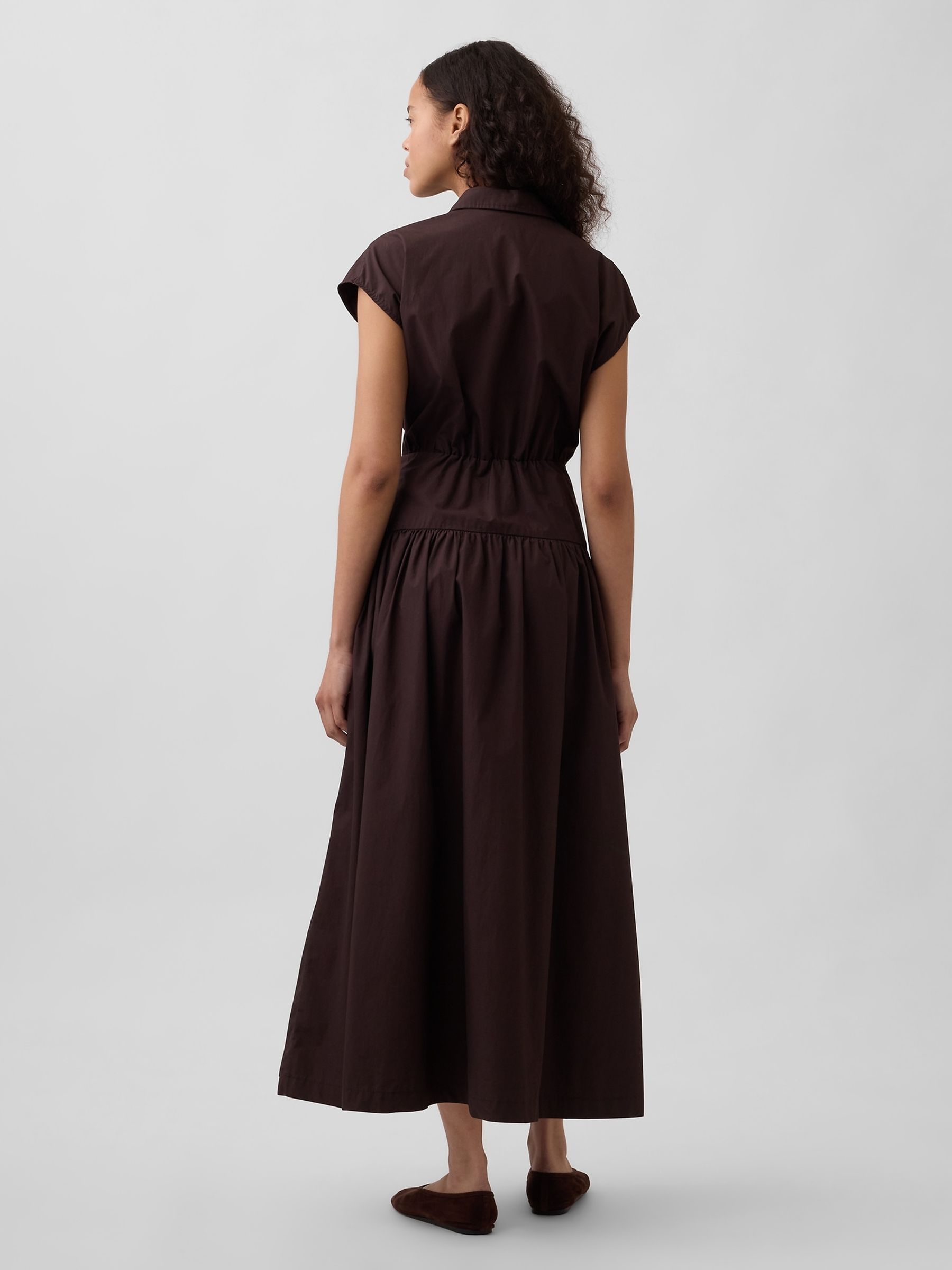 Brown Poplin Cinched Midi Shirtdress - Image 2 of 4