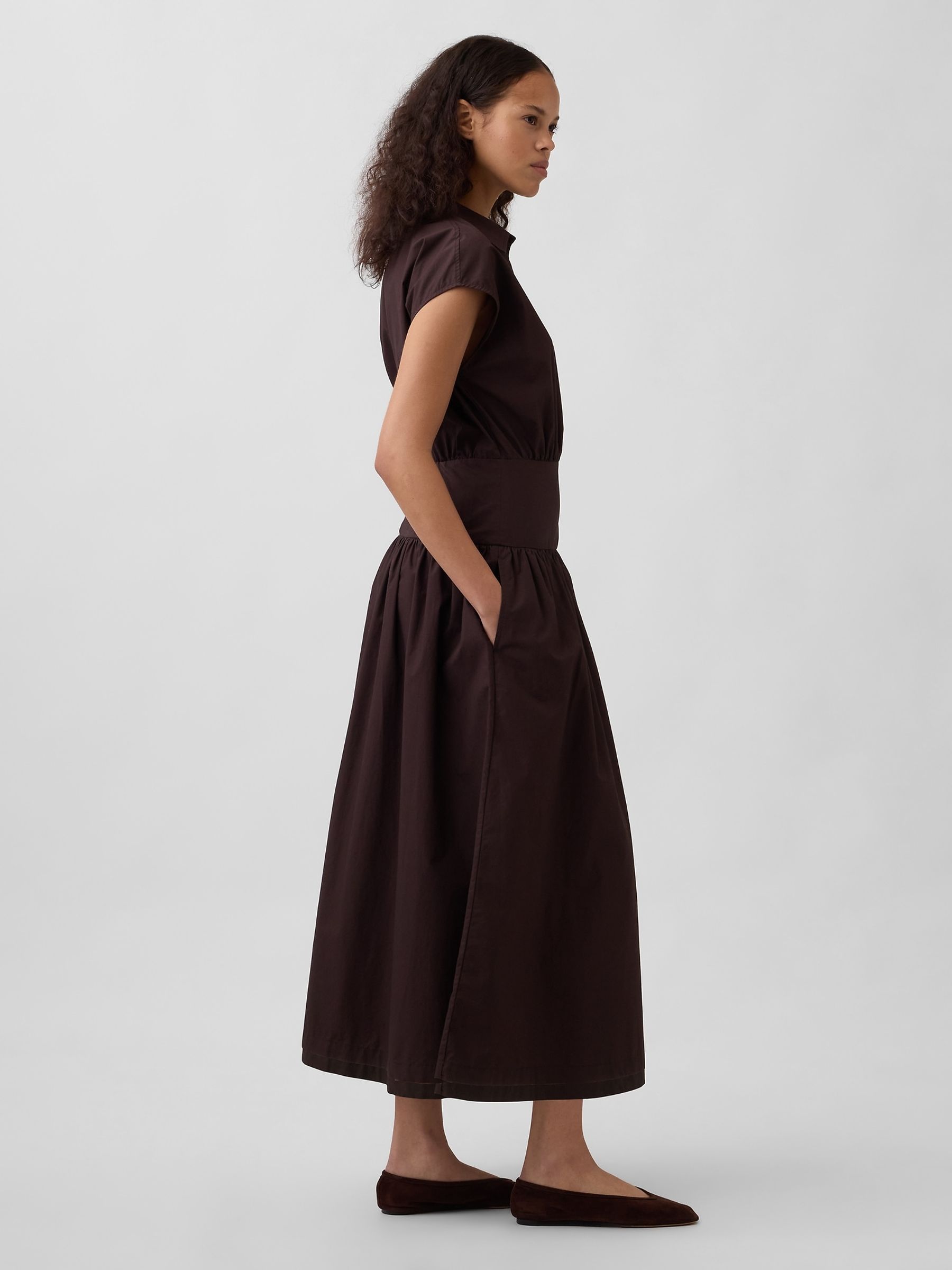Brown Poplin Cinched Midi Shirtdress - Image 3 of 4