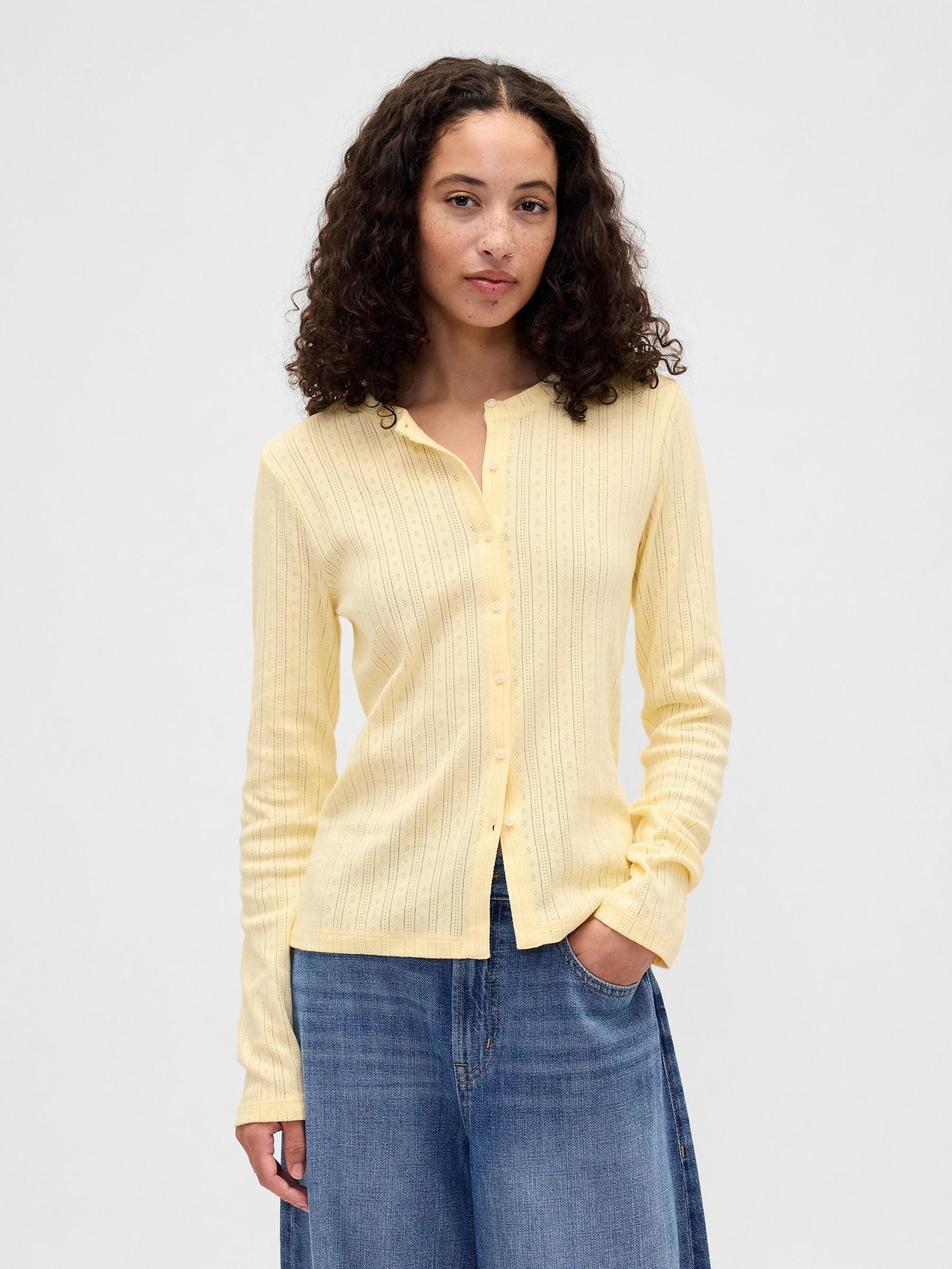Yellow Pointelle Button-Up Top - Image 1 of 5